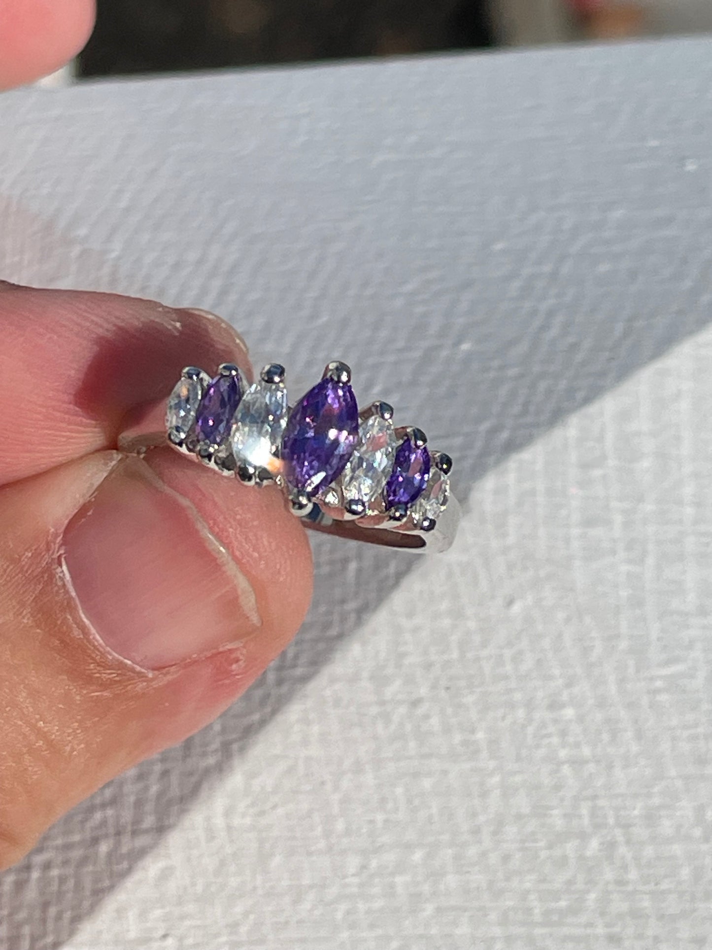 925 Sterling Silver 1980s Marquis Purple & Clear Cz Bridge Ring Size 8