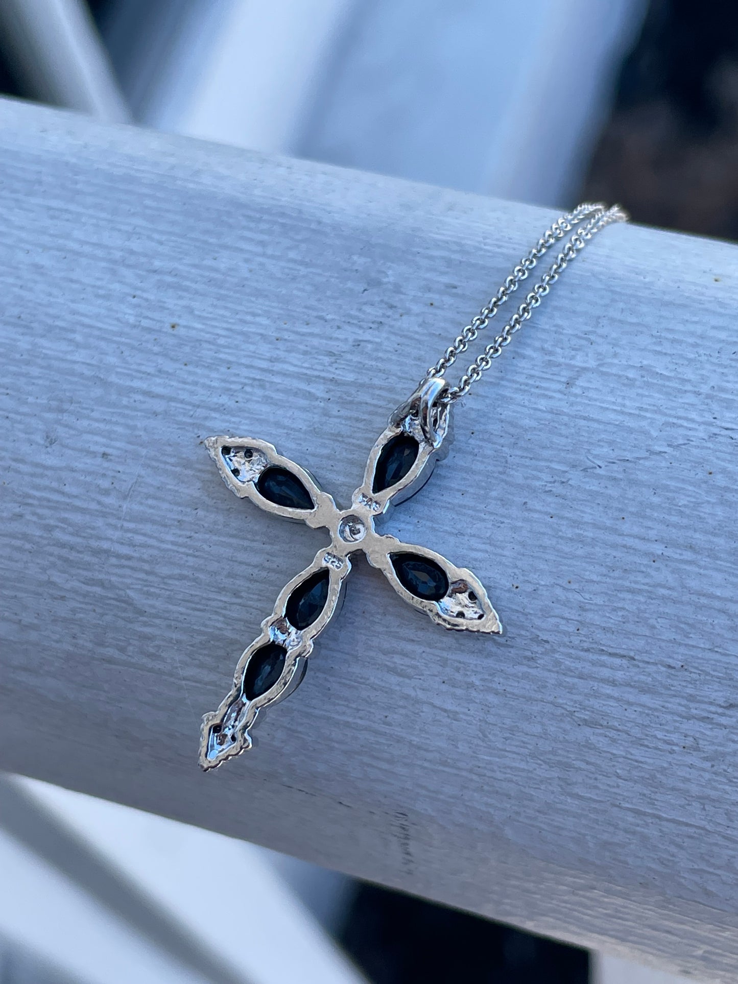 925 Sterling Silver Natural Sapphire Cross Necklace 18”