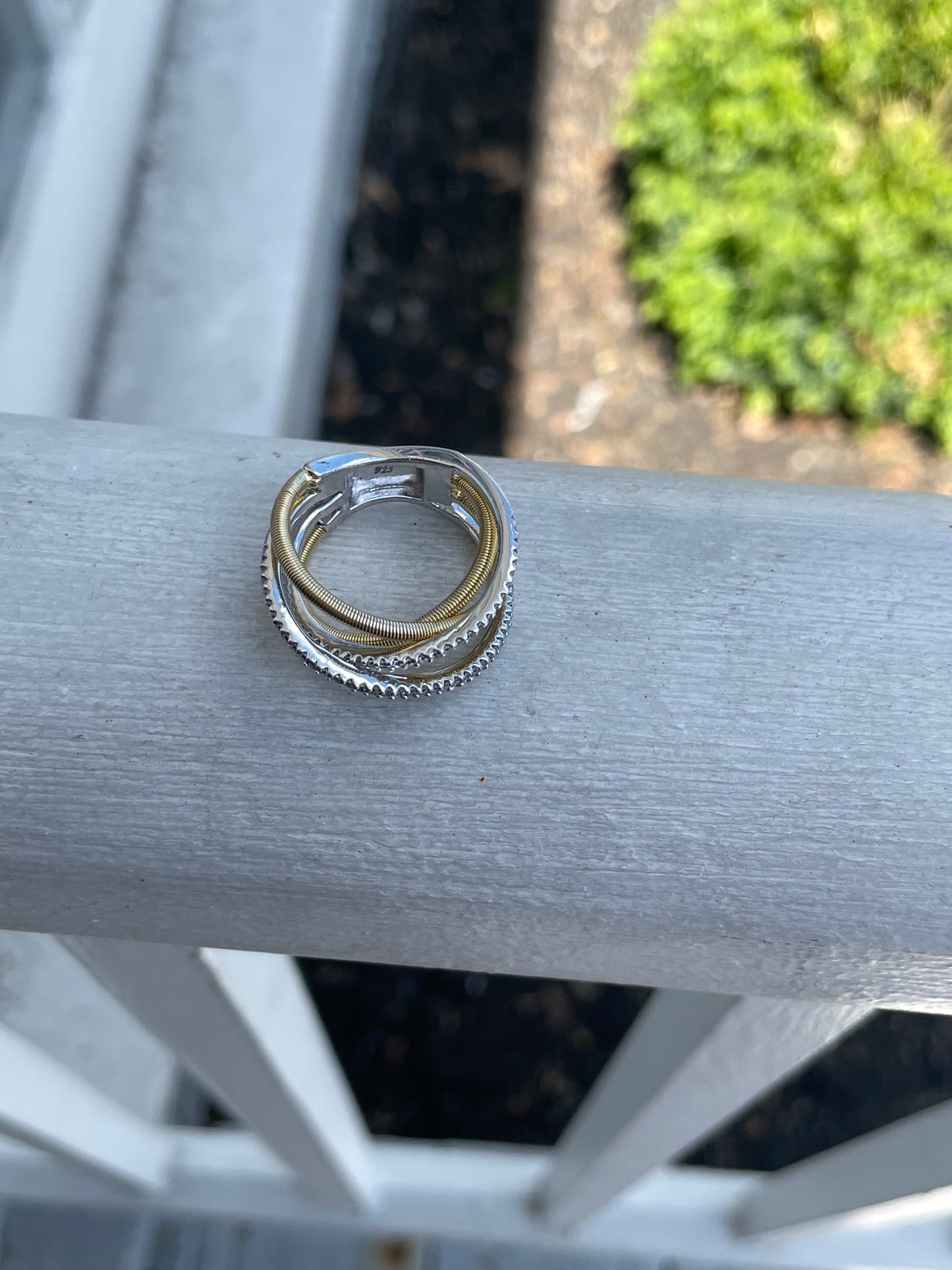 925 Sterling Silver 2tone Vermeil Cz Crossover Band Ring Size 7