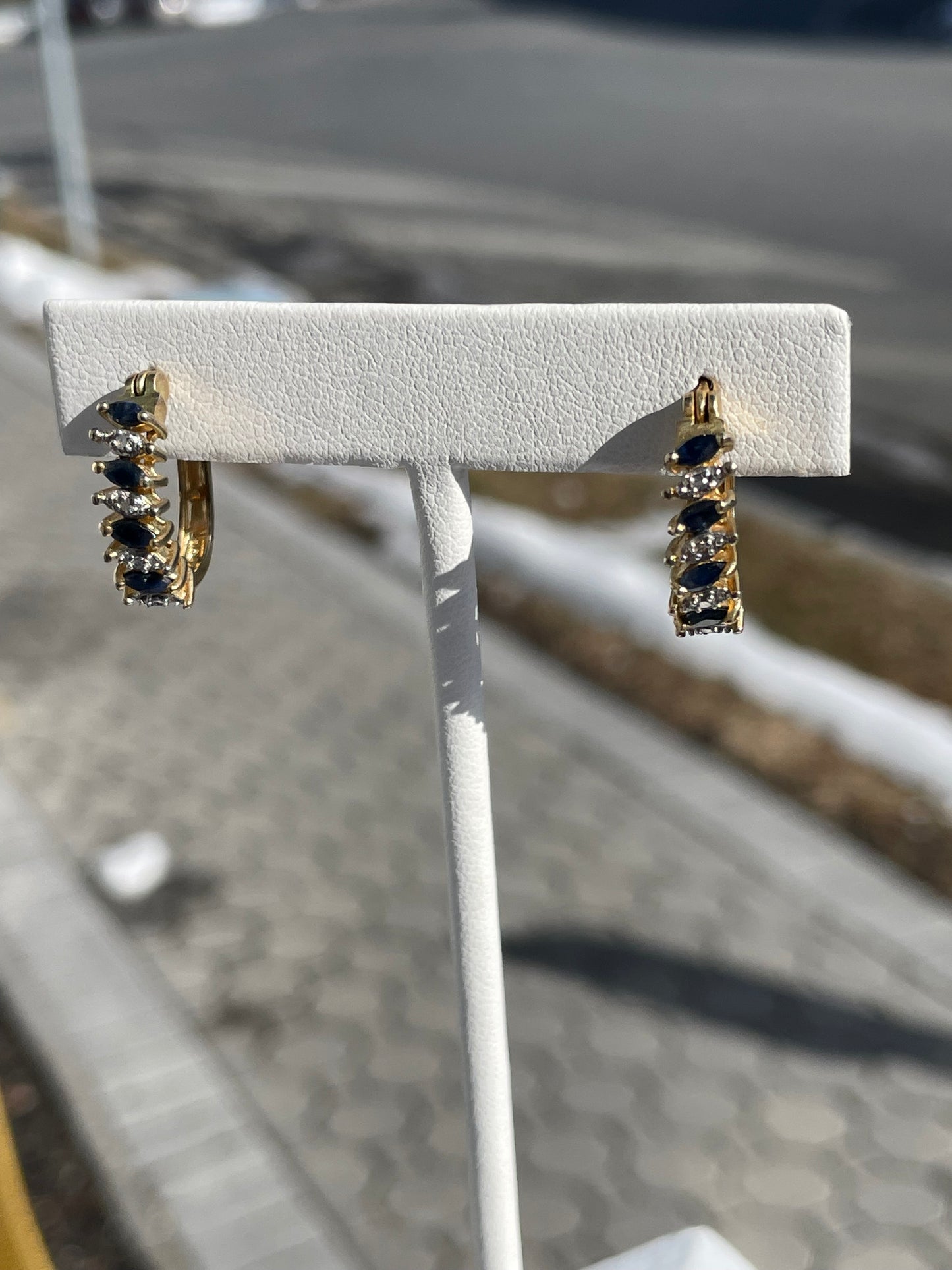 Vintage 1980s Natural Sapphire & Diamond Oval Hoop Earrings