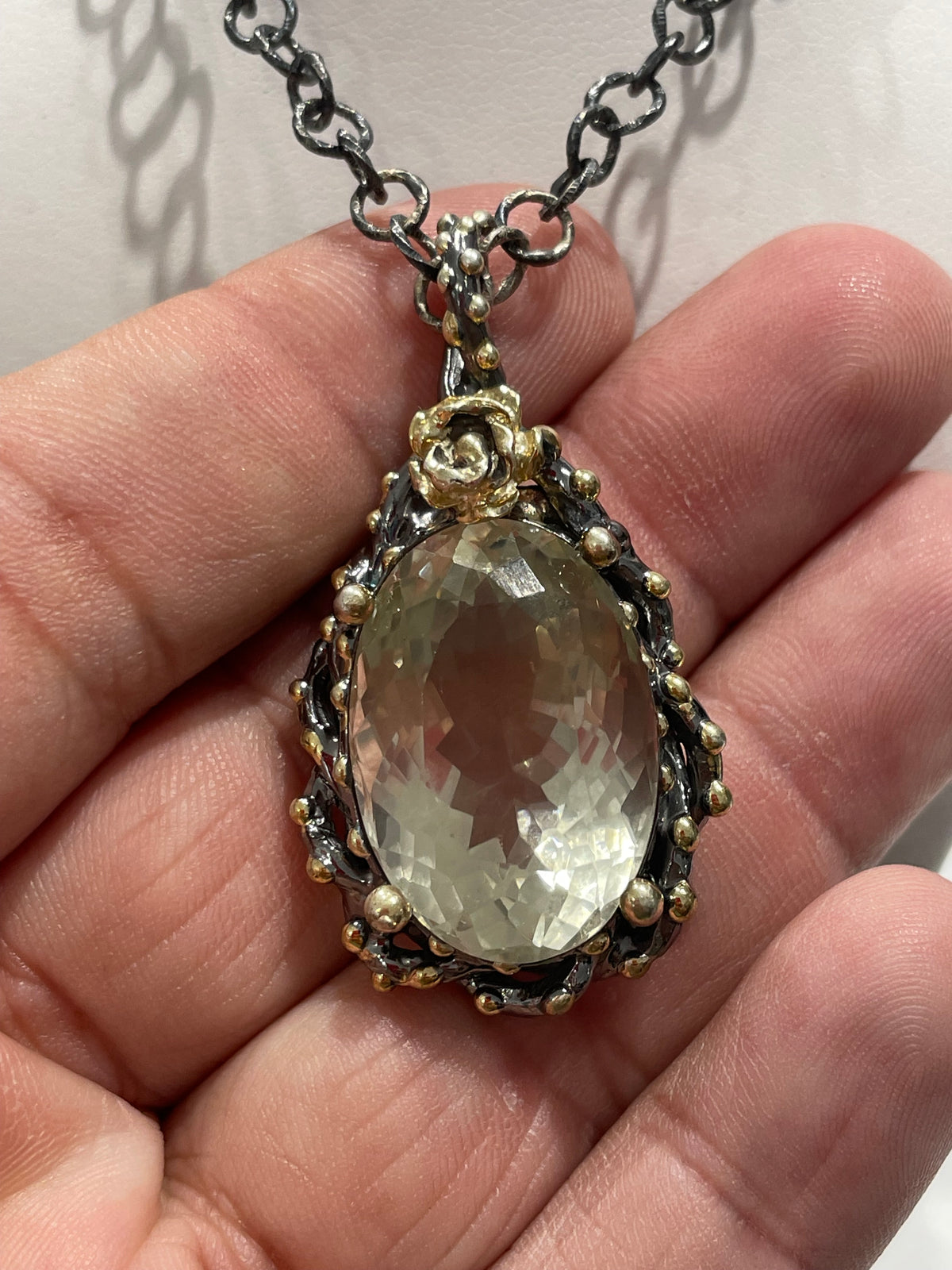 925 Oxidized Sterling Silver Large Light Yellow Citrine Necklace with Vermeil beaded highlights 20”