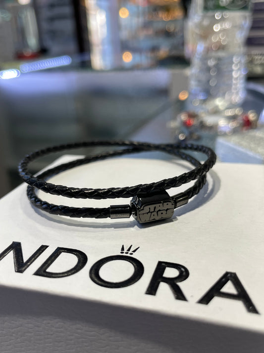 Pandora Double Black Leather Star Wars Bracelet 7.5”