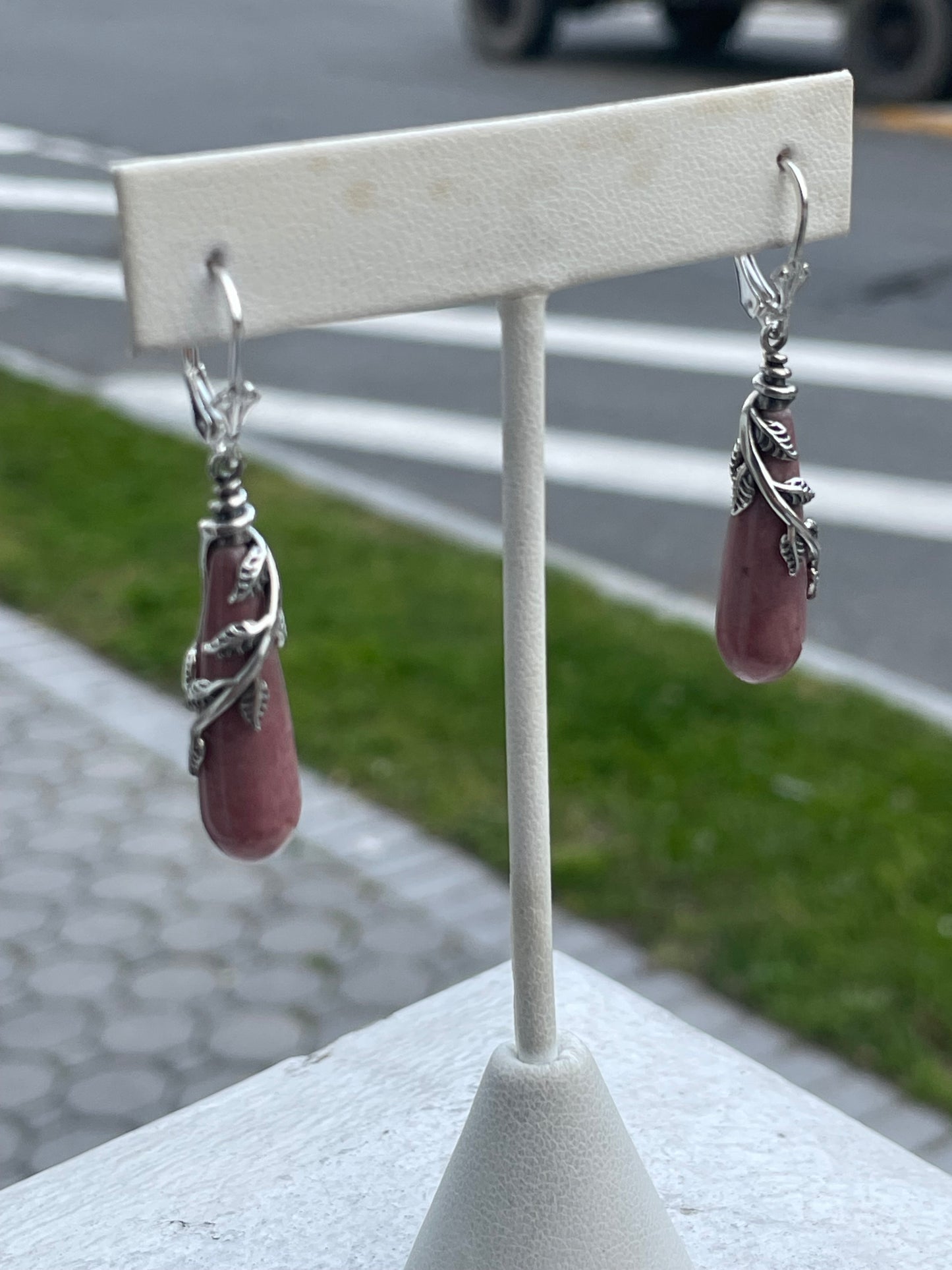 925 Sterling Silver Rhodochrosite Elongated Stone Dangle Earrings