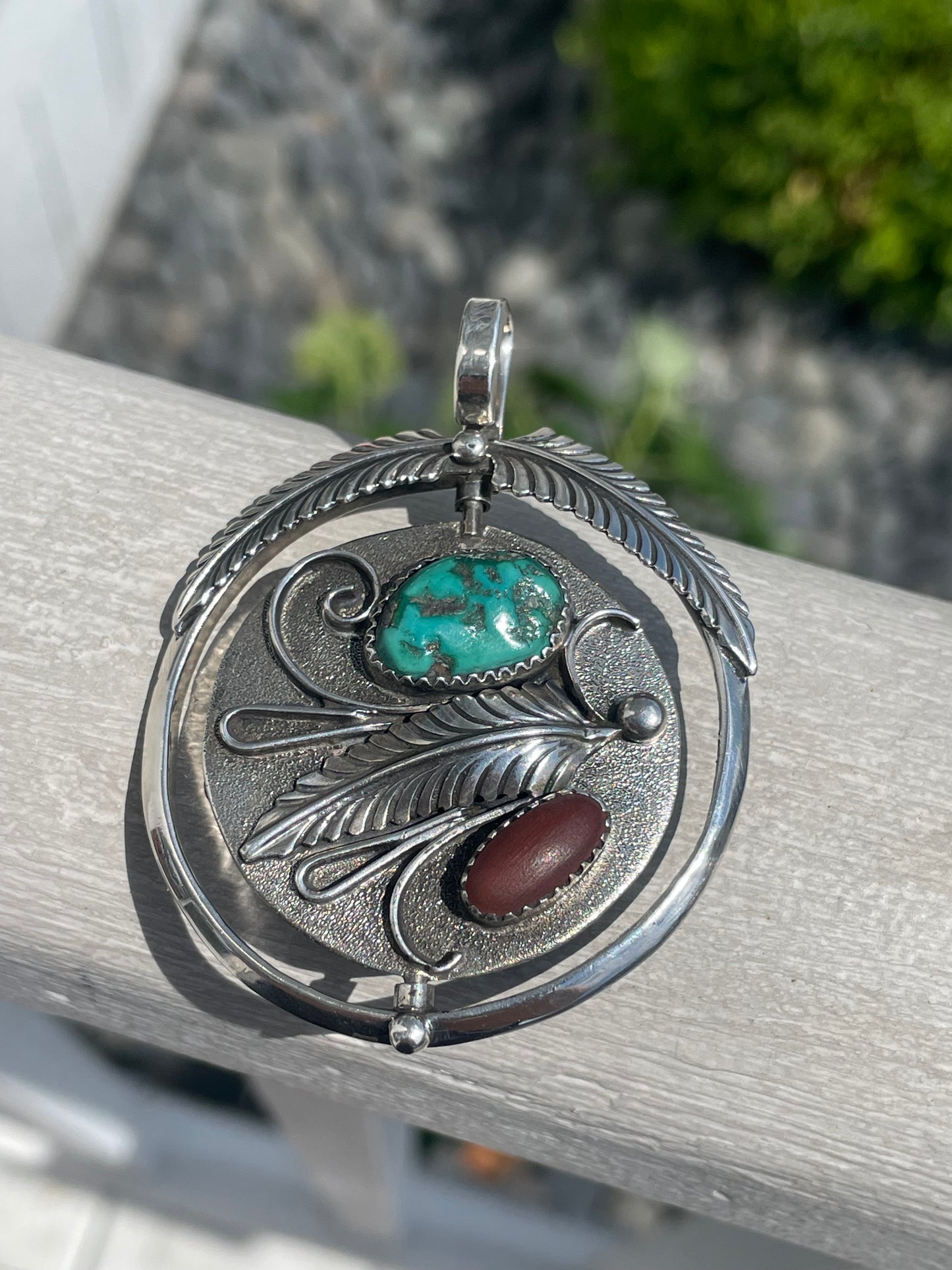 Navajo Designer Alfred Joe Native American Large Reversible Turquoise & Carnelian 925 Sterling Silver Pendant