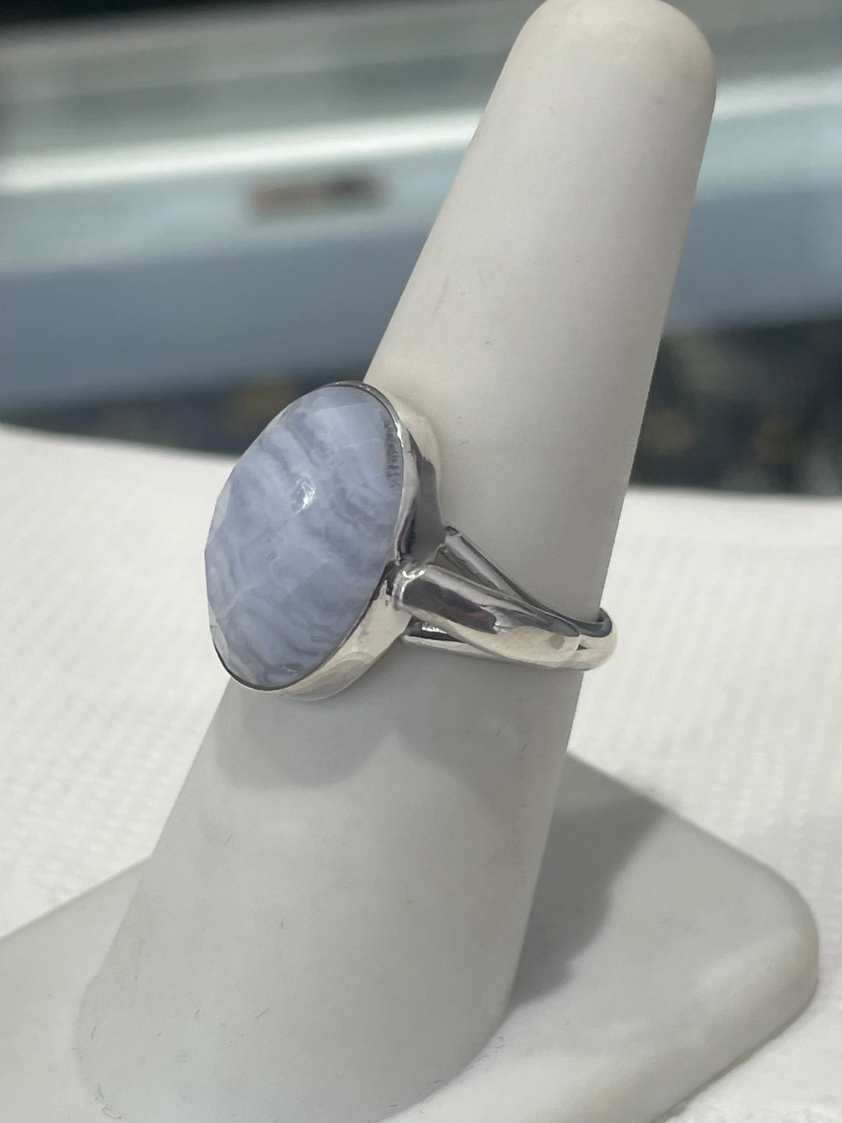 925 Sterling Silver Blue Lace Agate Solitaire Statement Ring Size 6.5