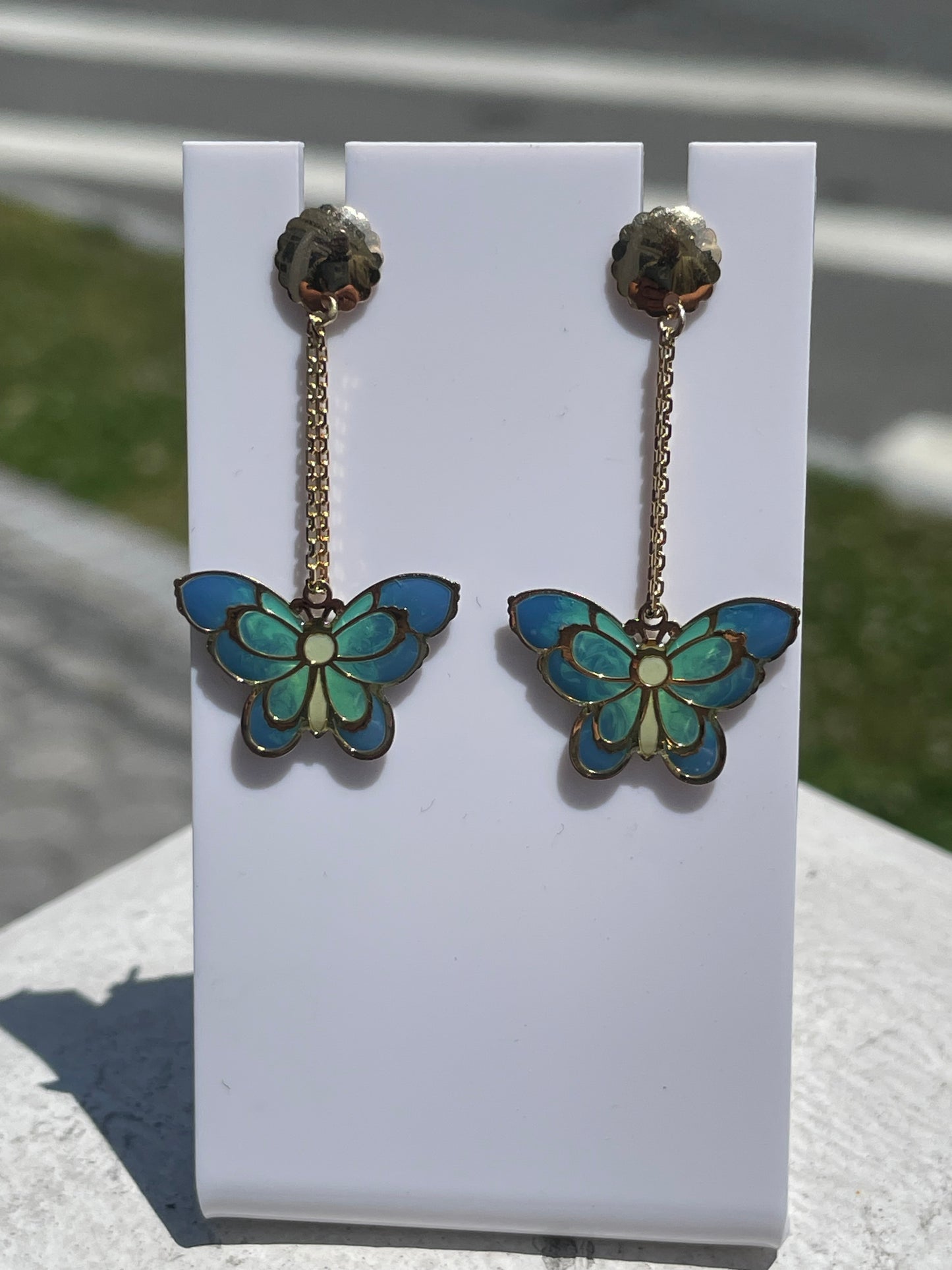 14k Gold Blue Enamel Butterfly Dangle Earrings