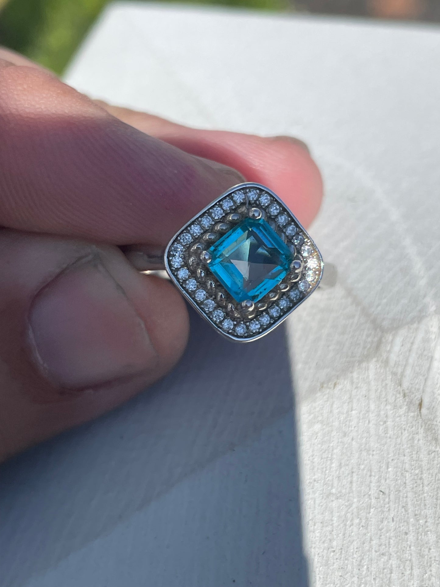 925 Sterling Silver Blue Topaz & Cz Statement Ring