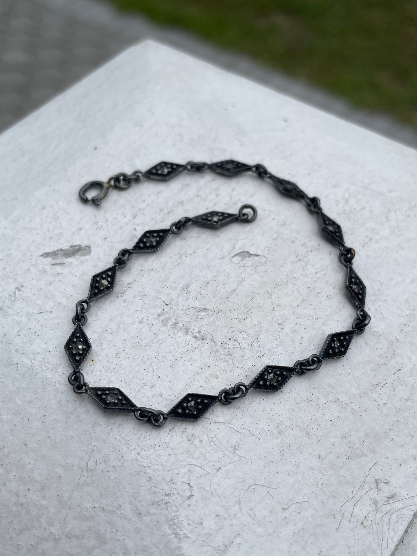 925 Oxidized Sterling Silver Marcasite Link Bracelet 7.25”