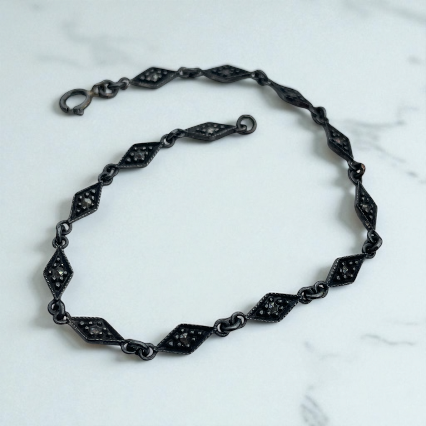 925 Oxidized Sterling Silver Marcasite Link Bracelet 7.25”