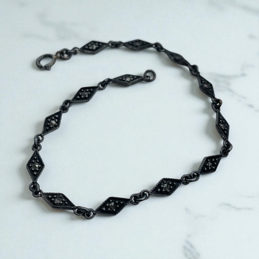 925 Oxidized Sterling Silver Marcasite Link Bracelet 7.25”