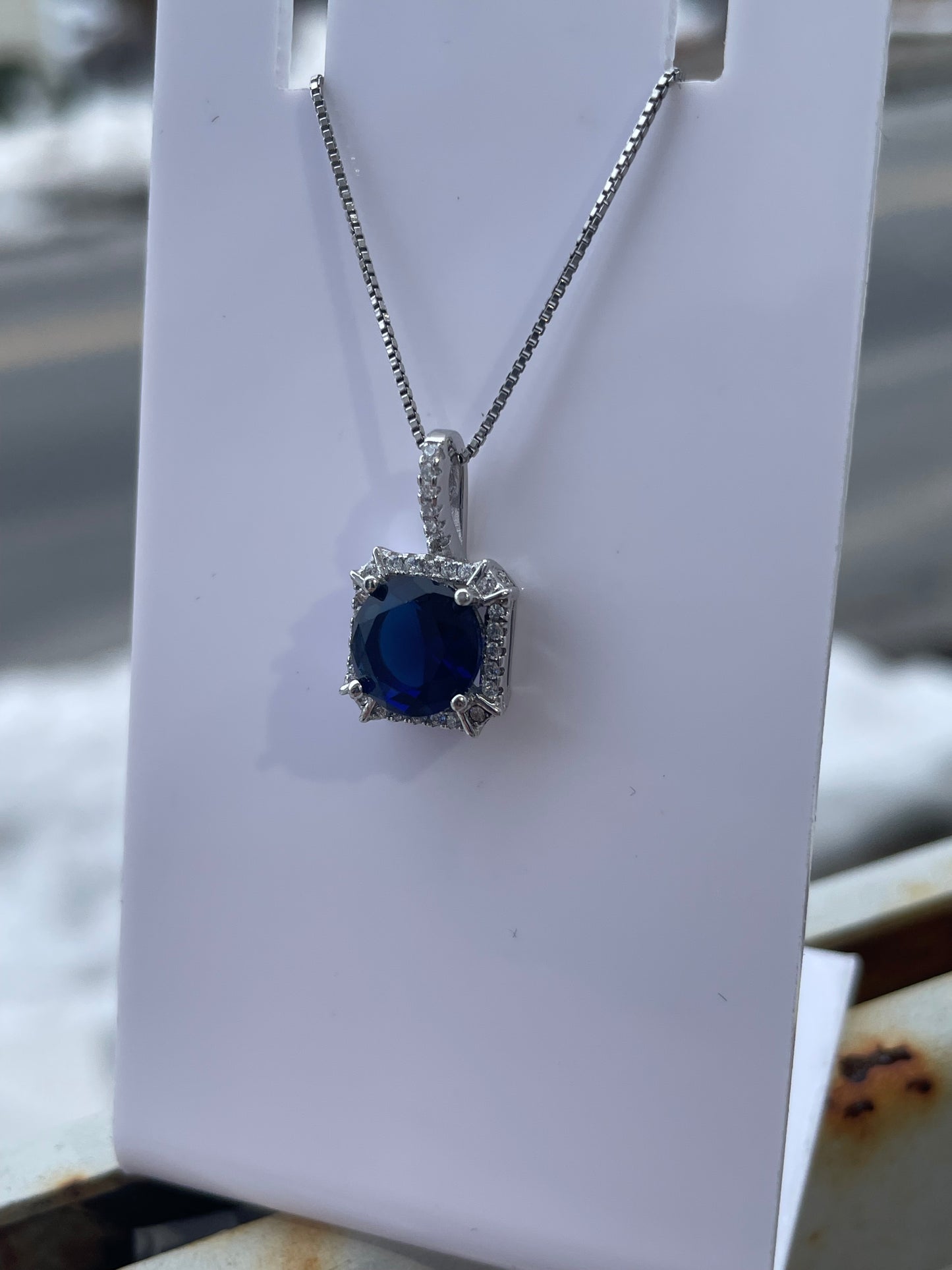 925 Sterling Silver Lab Created Sapphire & Cz Halo Solitaire Necklace