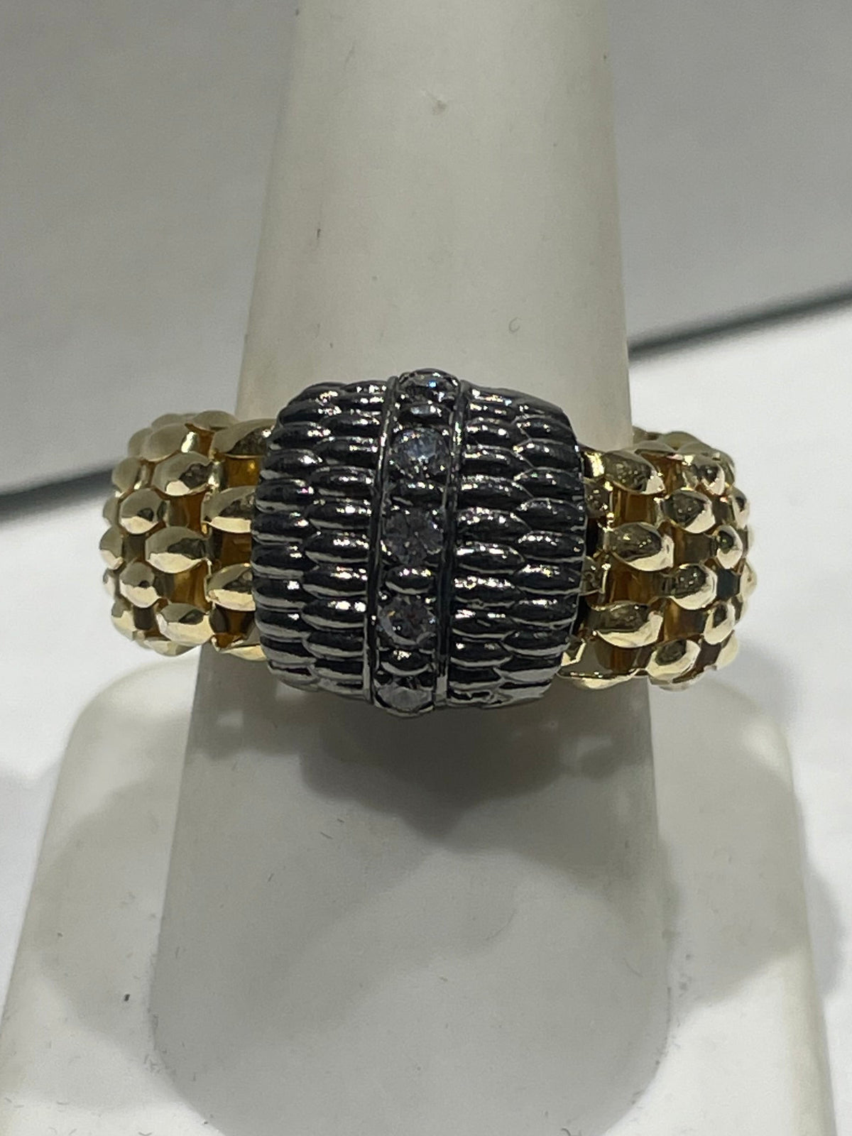 925 Sterling Silver Vermeil 2tone Stretch Mesh Ring Open Size 6.5 - 11