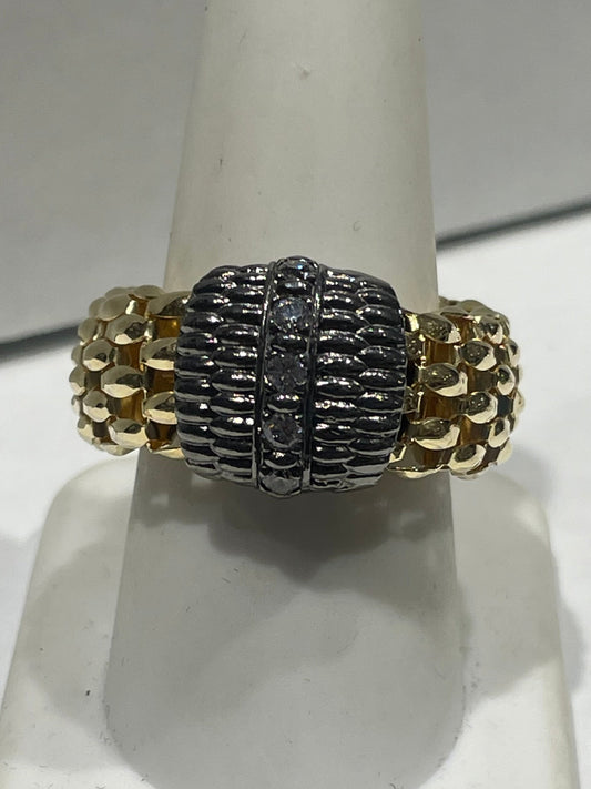 925 Sterling Silver Vermeil 2tone Stretch Mesh Ring Open Size 6.5 - 11