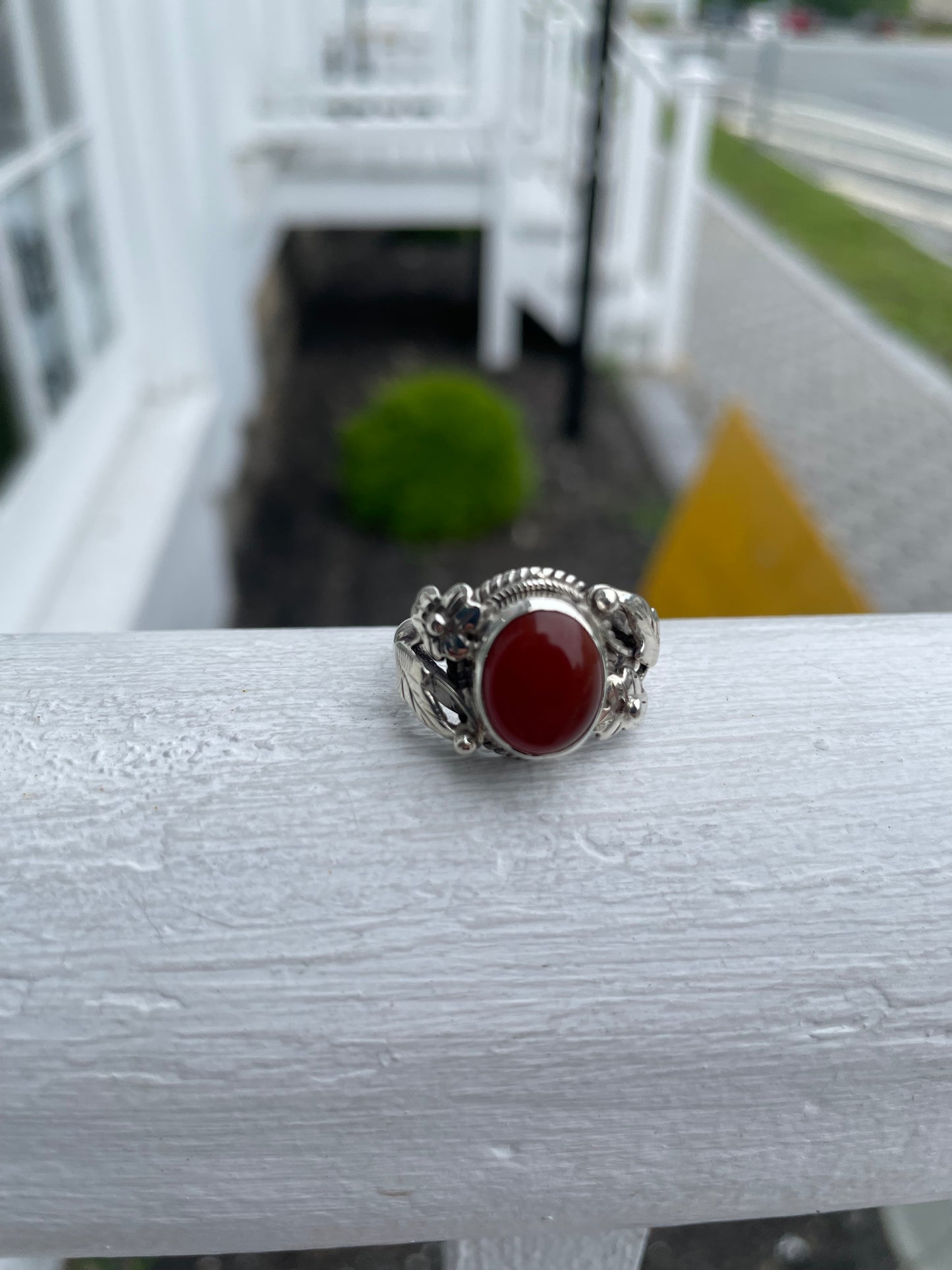 925 Sterling Silver Carnelian Solitaire Ring Nature Filigree Setting Size 7.5