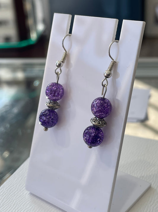 925 Sterling Silver Purple Disco Ball Bead Dangle Earrings