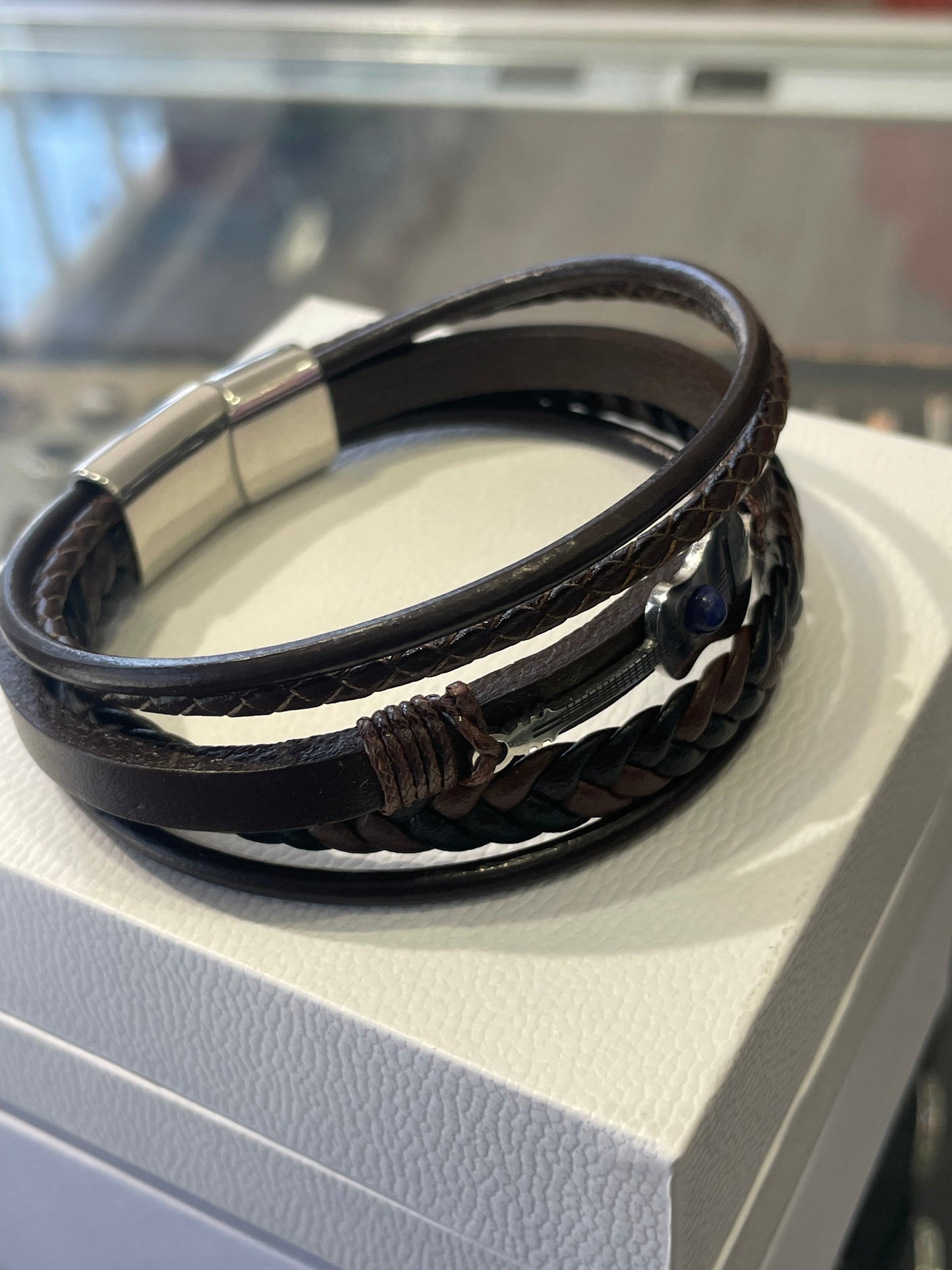 Stainless Steel & Brown Leather Multi strand guitar bracelet 7.5”