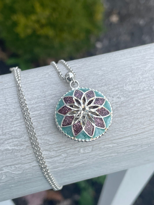 925 Sterling Silver 3D Enameled Round Flower Design Necklace