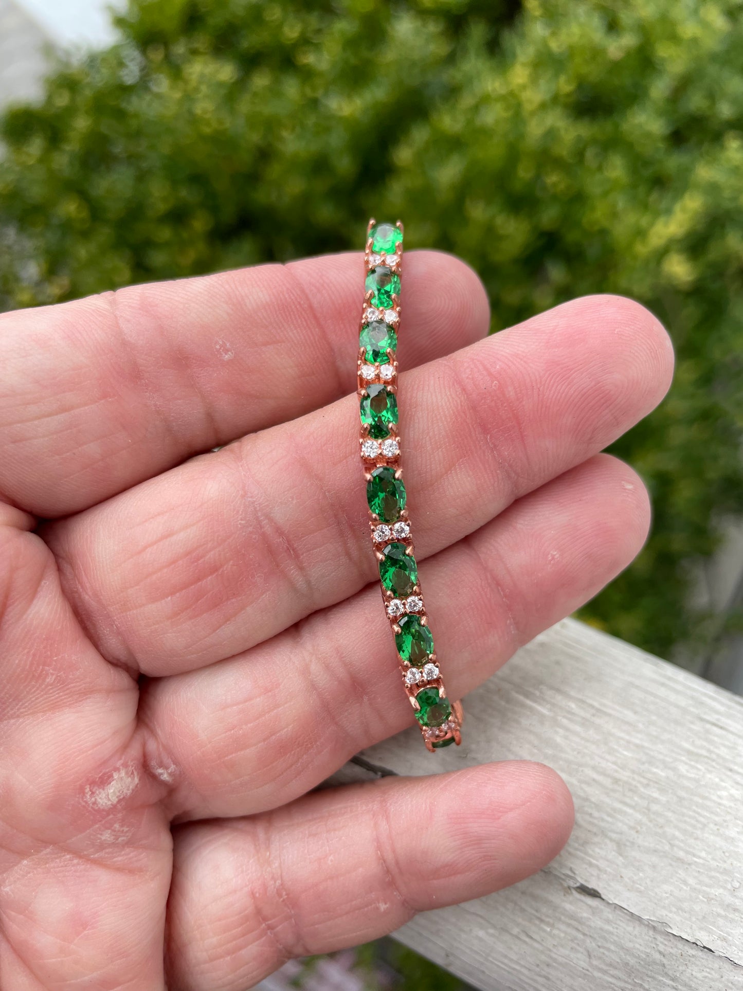 925 Sterling Silver Rose Vermeil Synthetic Emerald & Clear Zirconia Tennis Bracelet
