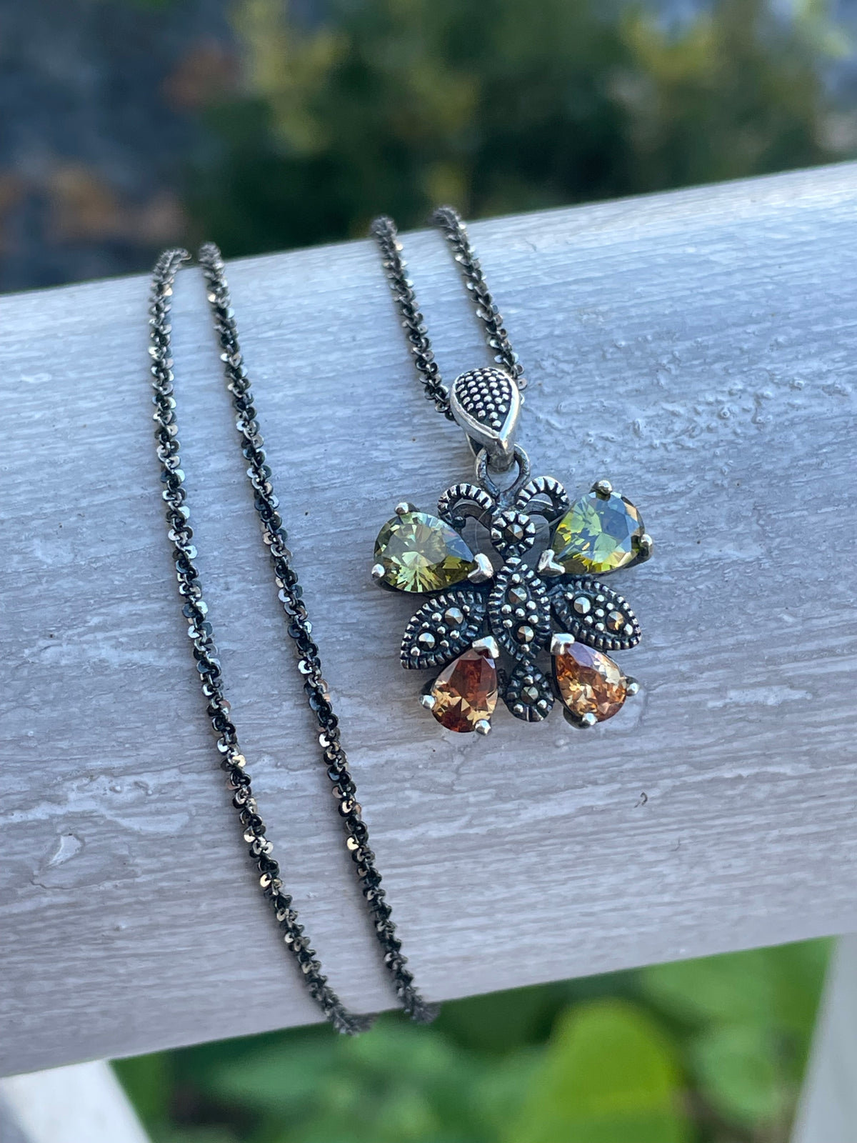 925 Sterling Silver Peridot, Citrine & Marcasite Butterfly Necklace 20”