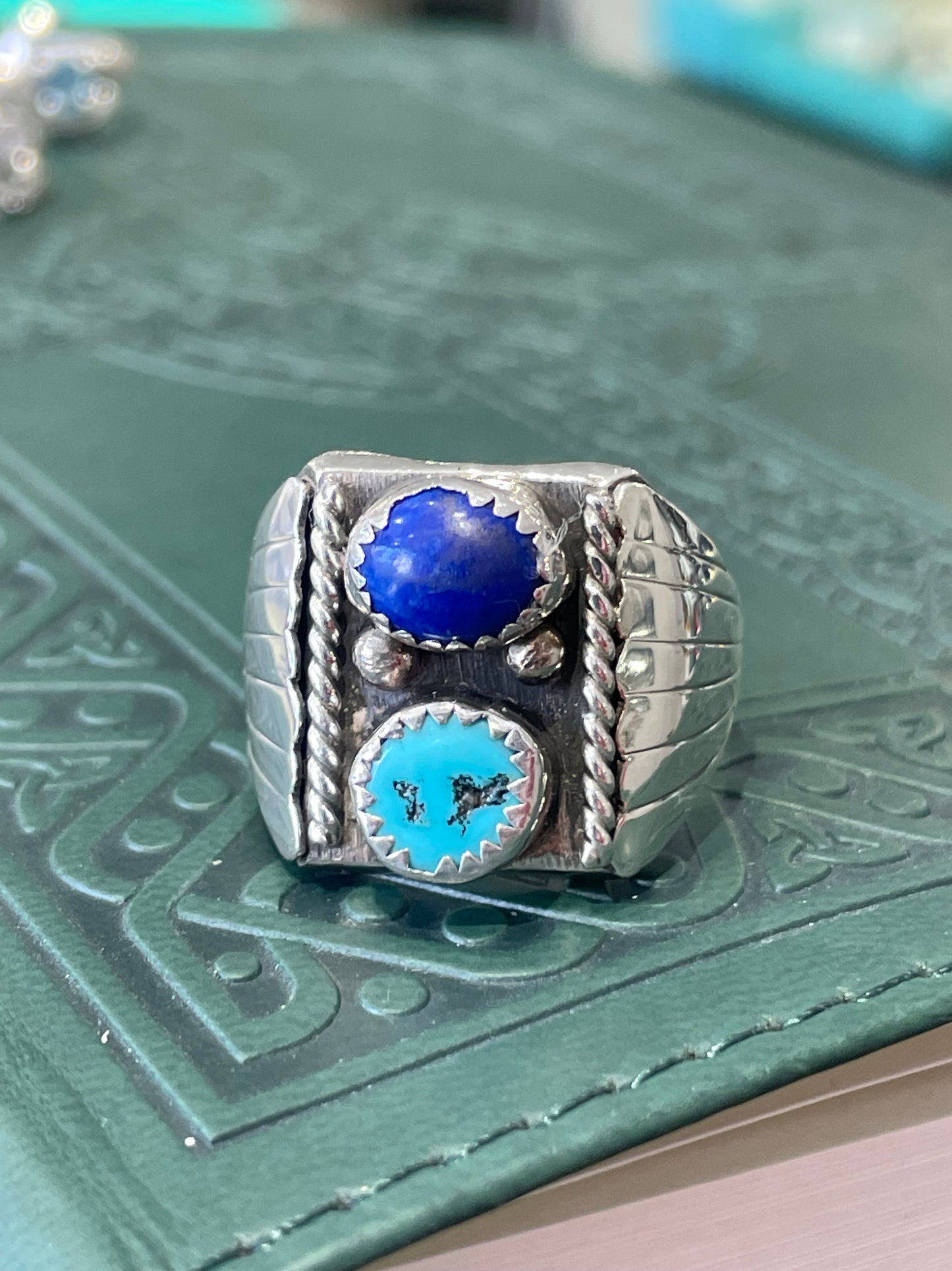 Designer DM 925 Sterling Silver Turquoise & Blue Lapis Double Stone Navajo Signet Ring Size 11.5