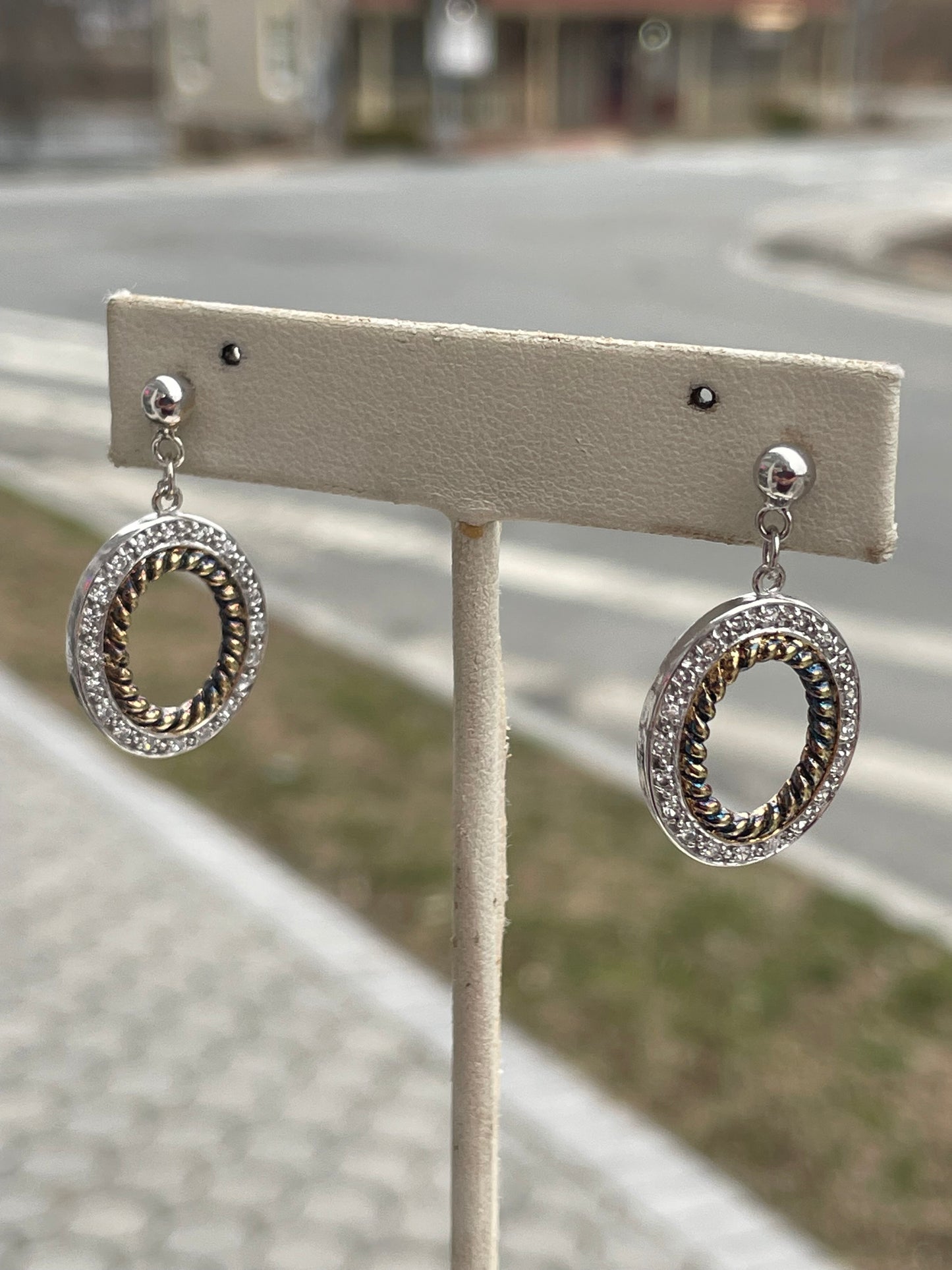 925 Sterling Silver Cz Fairest of them All Dangling open oval earrings.