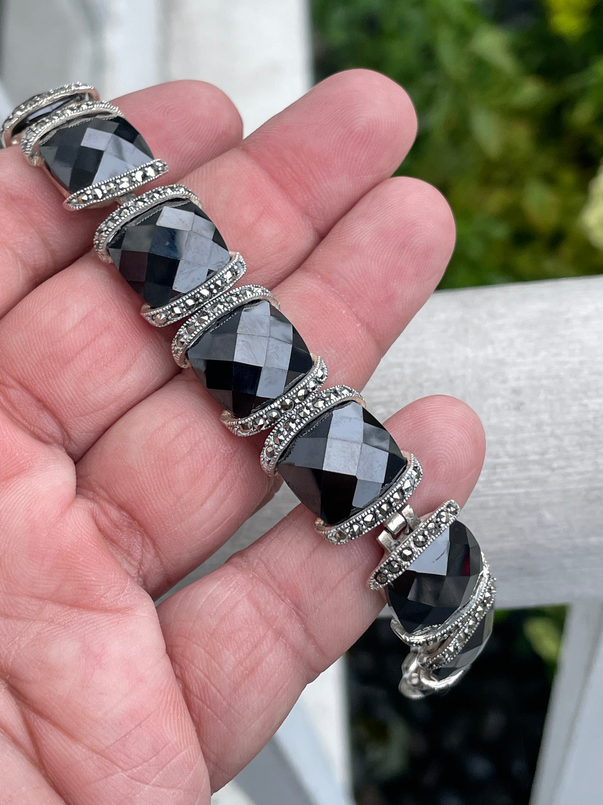 925 Sterling Silver Large Black Onyx & Marcasite Chunky Bracelet 8”