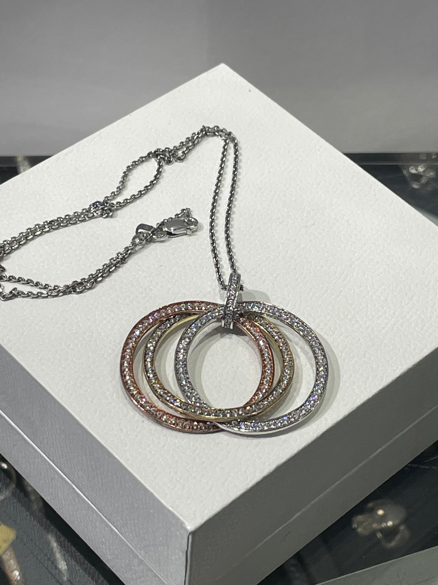 925 Sterling Silver Tri Color Triple Circle of Life Cz Necklace