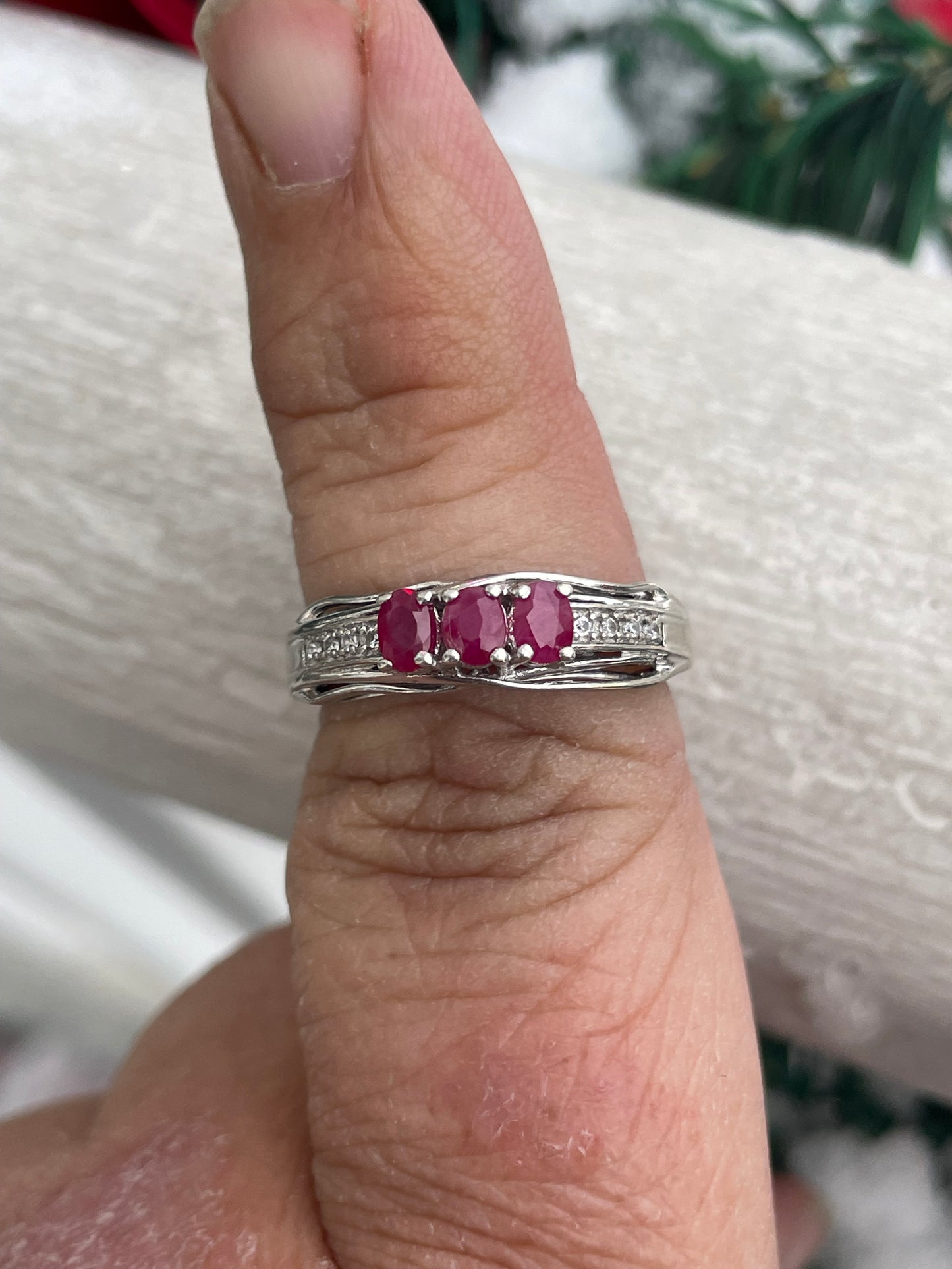 925 Sterling Silver Past Present Future Natural Ruby & Diamond Ring Size 8