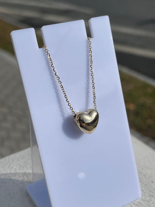14k Gold Solitaire 12mm Puffy Heart Necklace 15”-17”