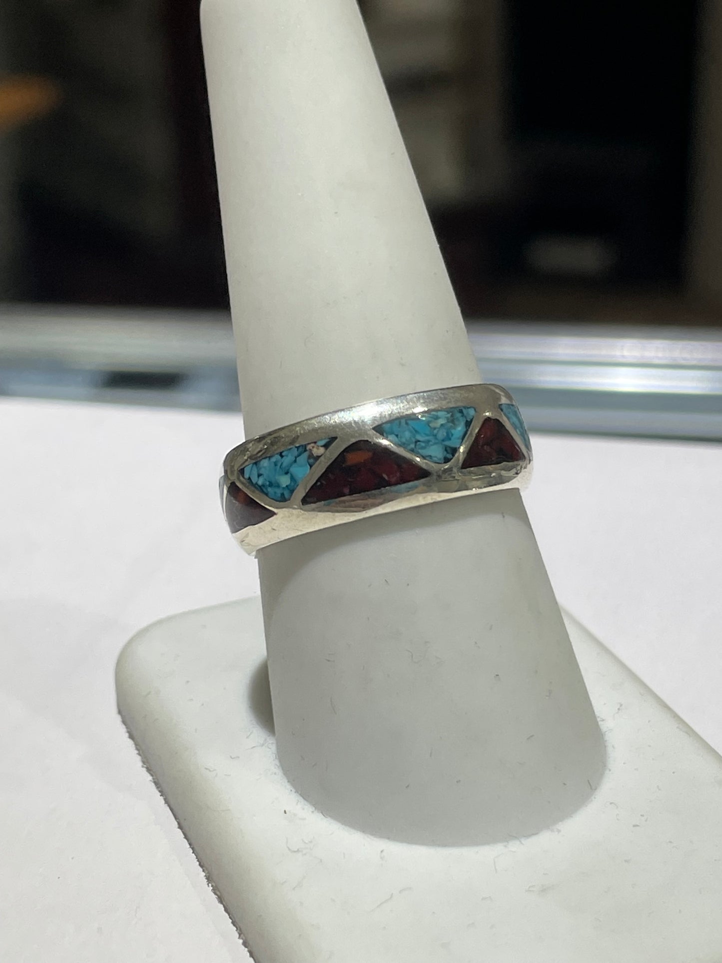 Sterling Silver Coral & Turquoise Zigzag Inlay Pattern Band Ring Size 9