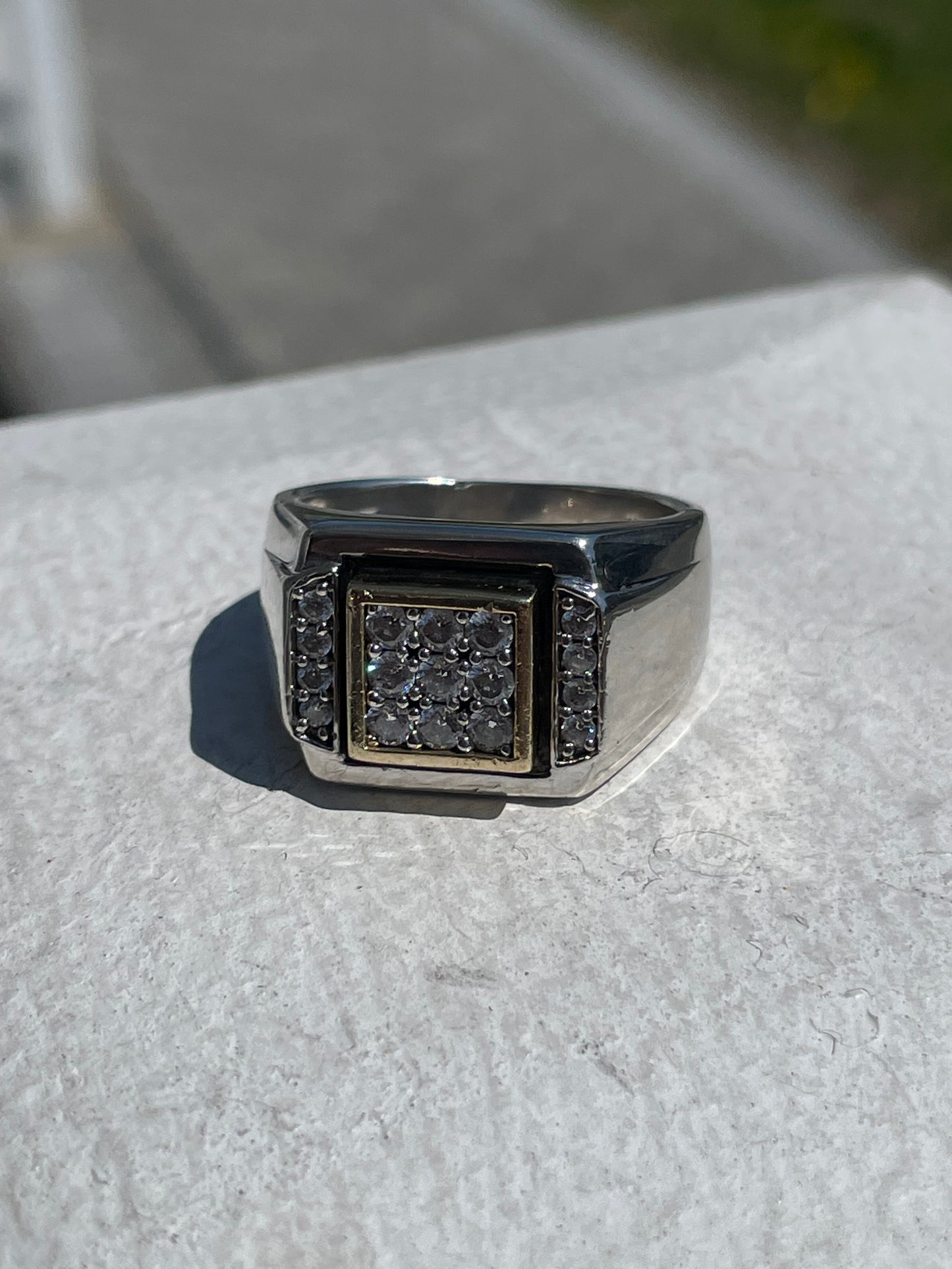 925 & 10k Gold Men’s White Topaz Signet Ring Size 10.5