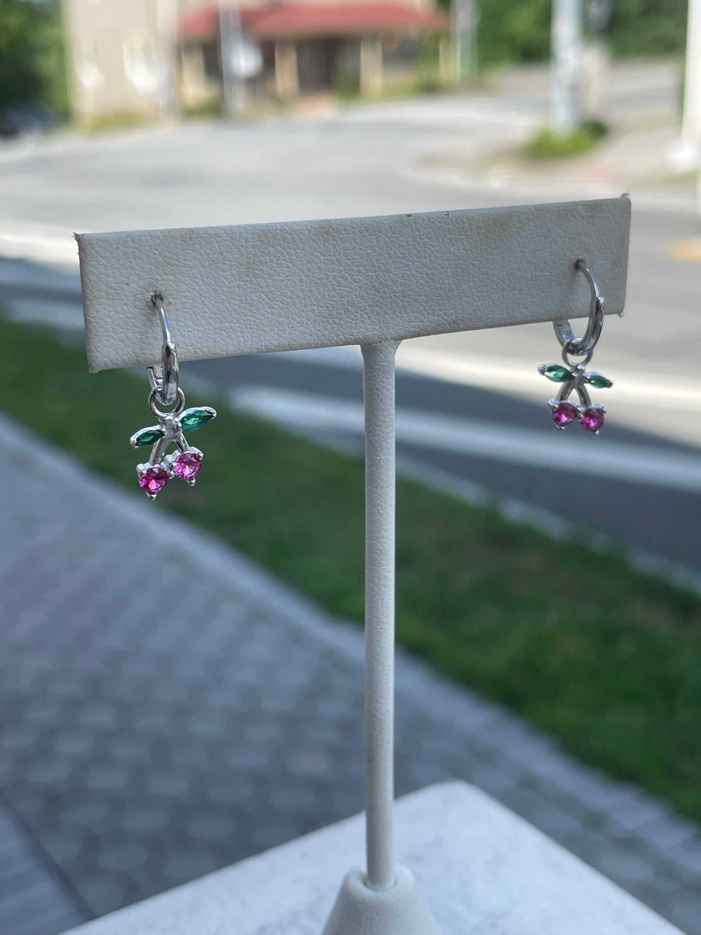 925 Sterling Silver Petite Cherry Dangle Huggie Hoop Earrings