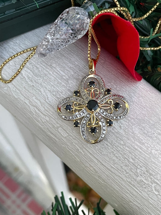 925 Sterling Silver Vermeil Quatrefoil Natural Sapphire Necklace