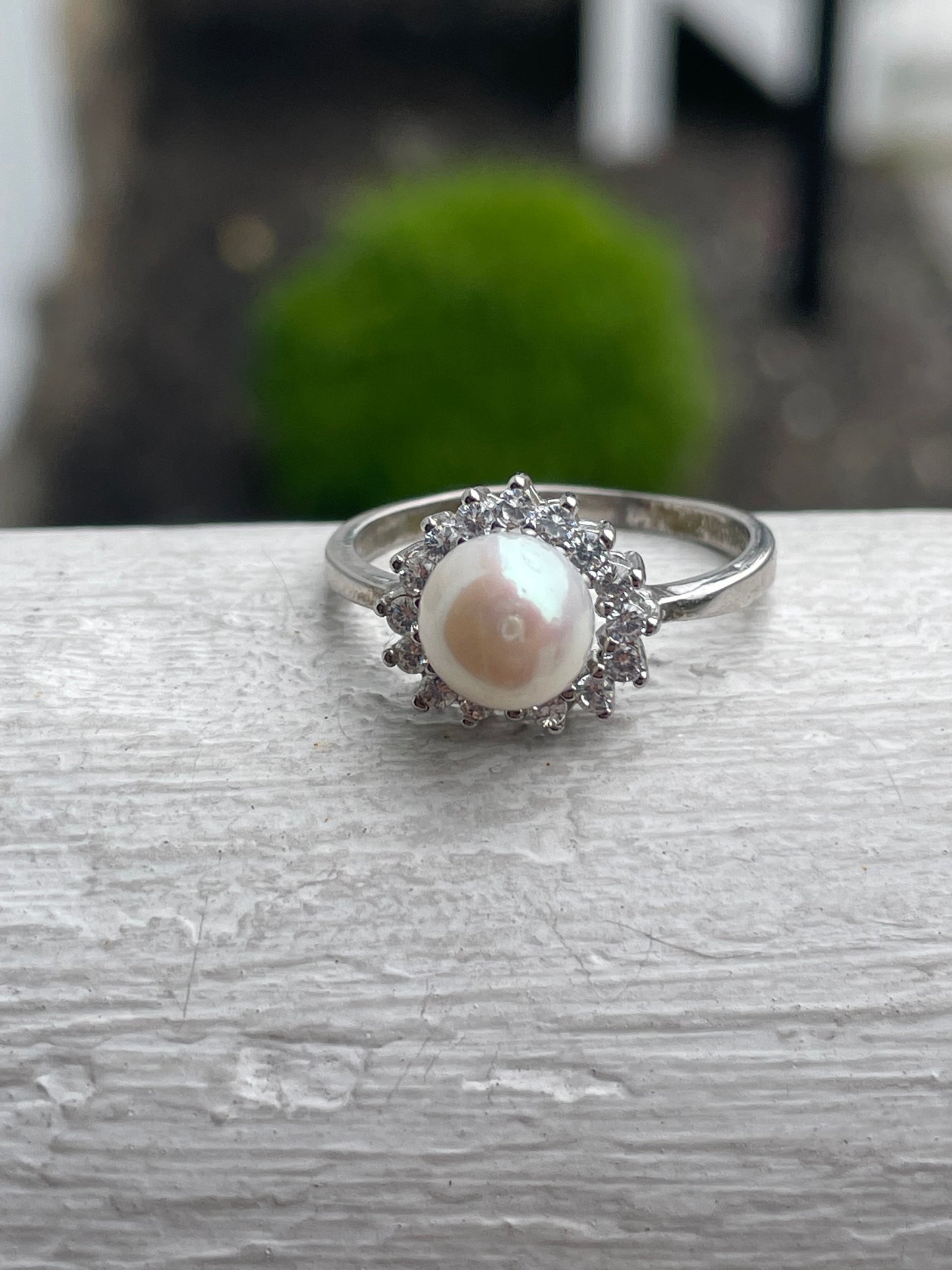 925 Sterling Silver Pearl & Cz Heart Shape Cluster Ring Size 9.5