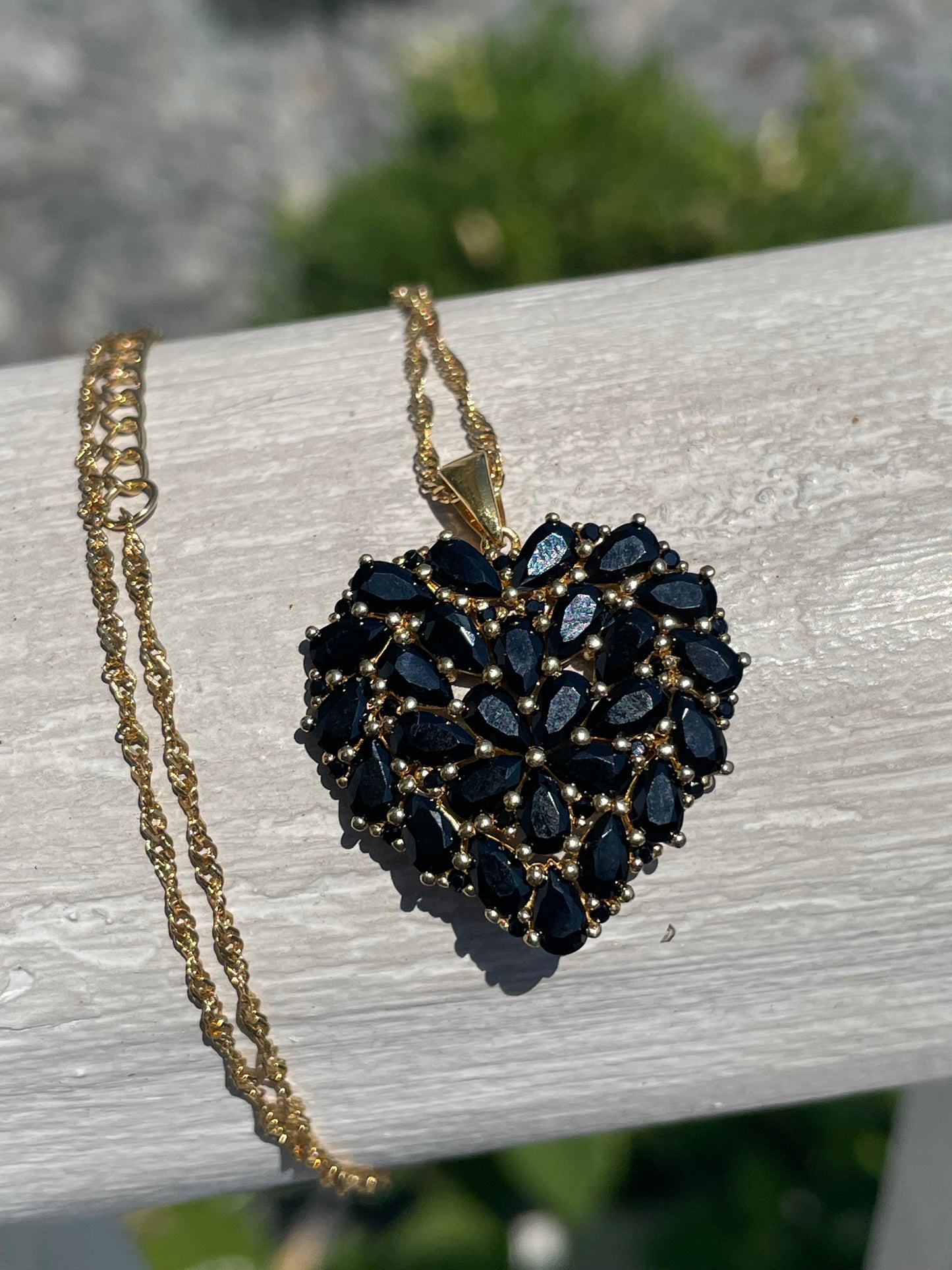 925 Sterling Silver vermeil Black Spinel Cluster Heart Necklace
