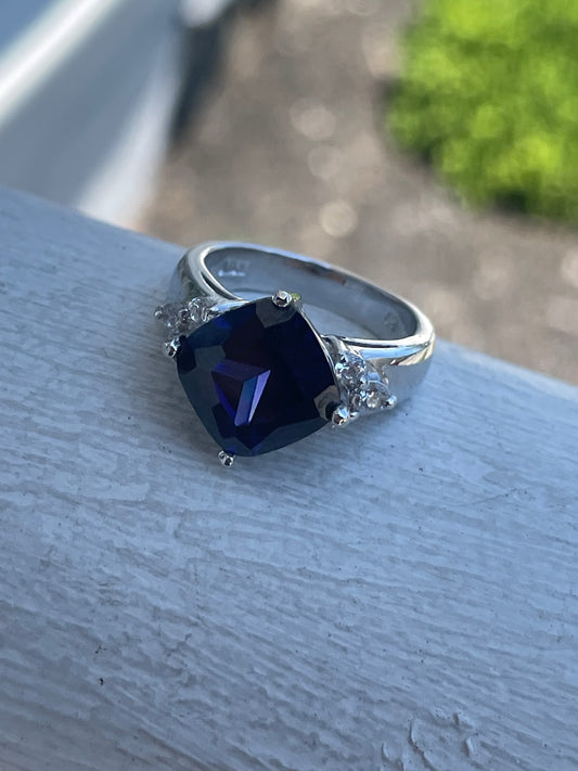 925 Sterling Silver Cushion Cut Sapphire & Cz Statement Ring Size 6