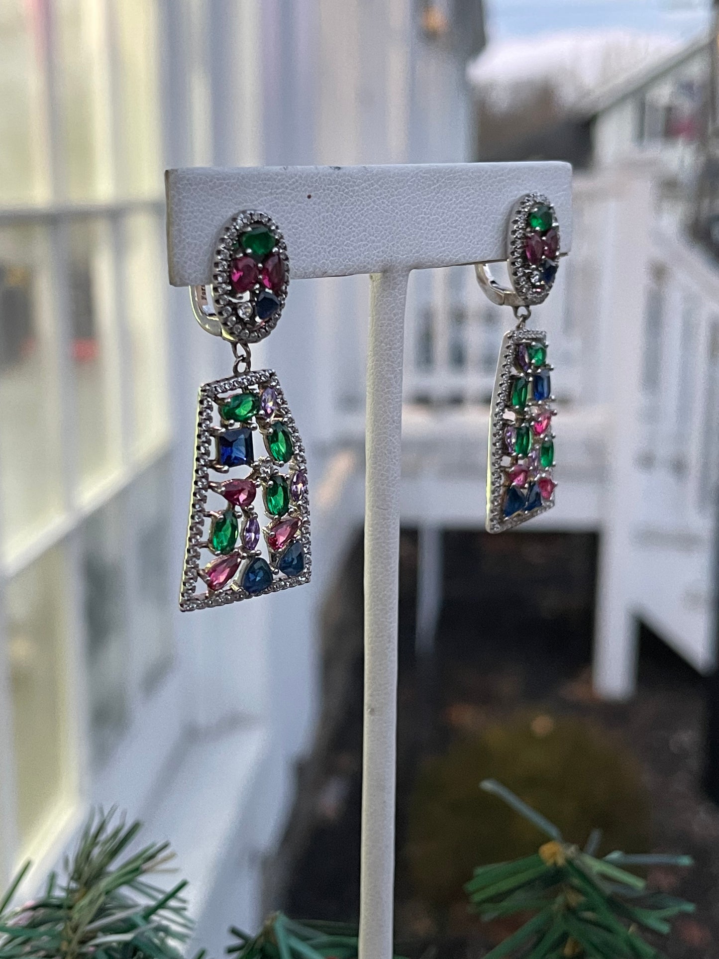 925 Sterling Silver Multi Colored Stone Modernist Dangle Earrings