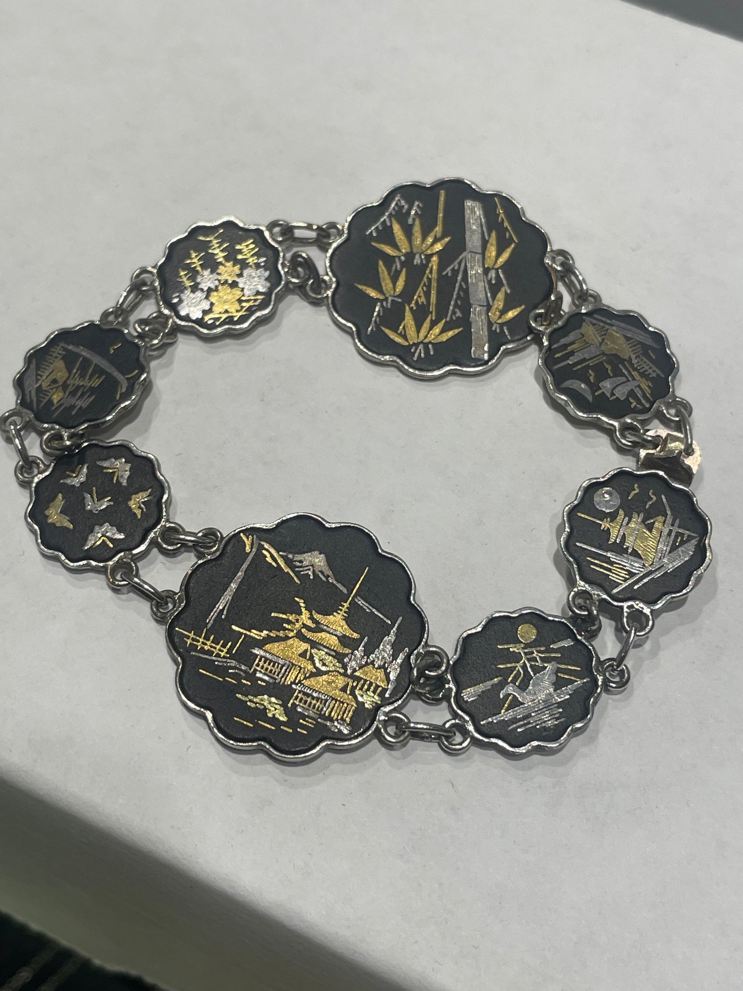 Designer Amita 925 Sterling Silver & 24k gold Japanese Etched Tile Bracelet 7”