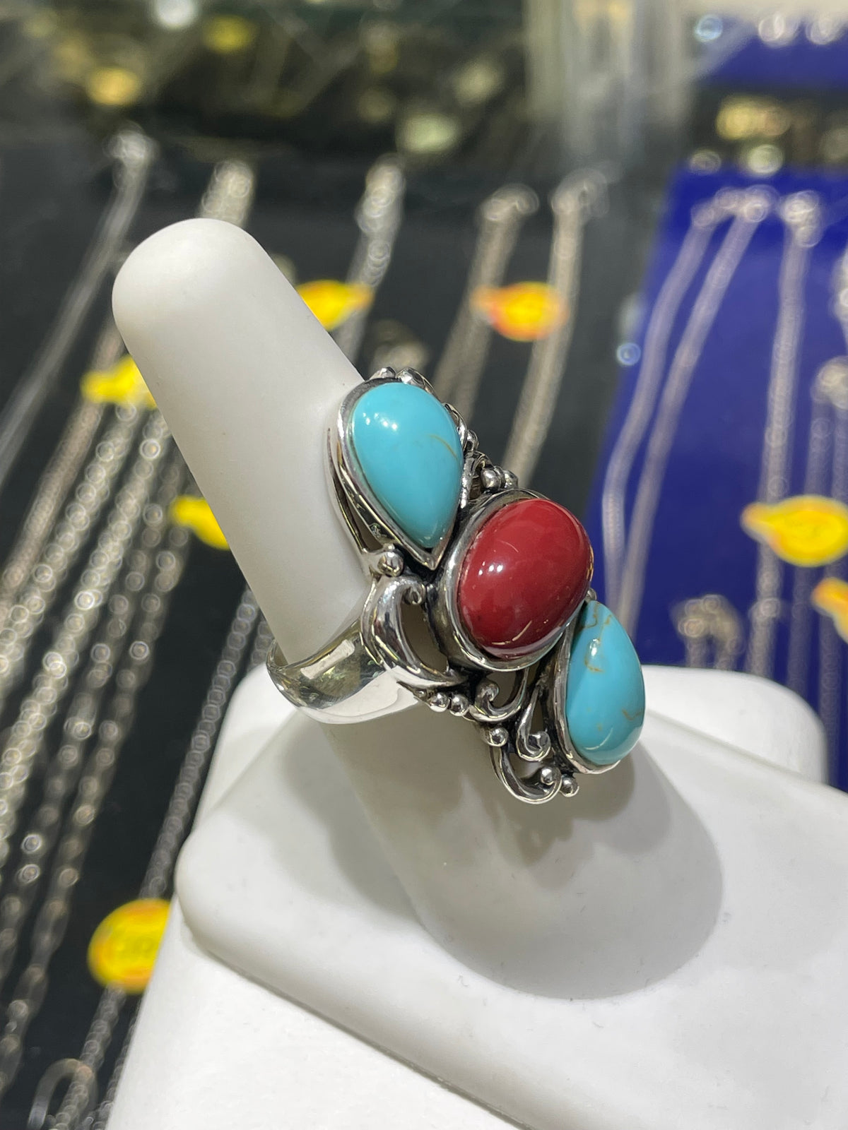 Designer CFJ 925 Sterling Silver Turquoise & Carnelian Vertical Past Present Future Ring Size 7
