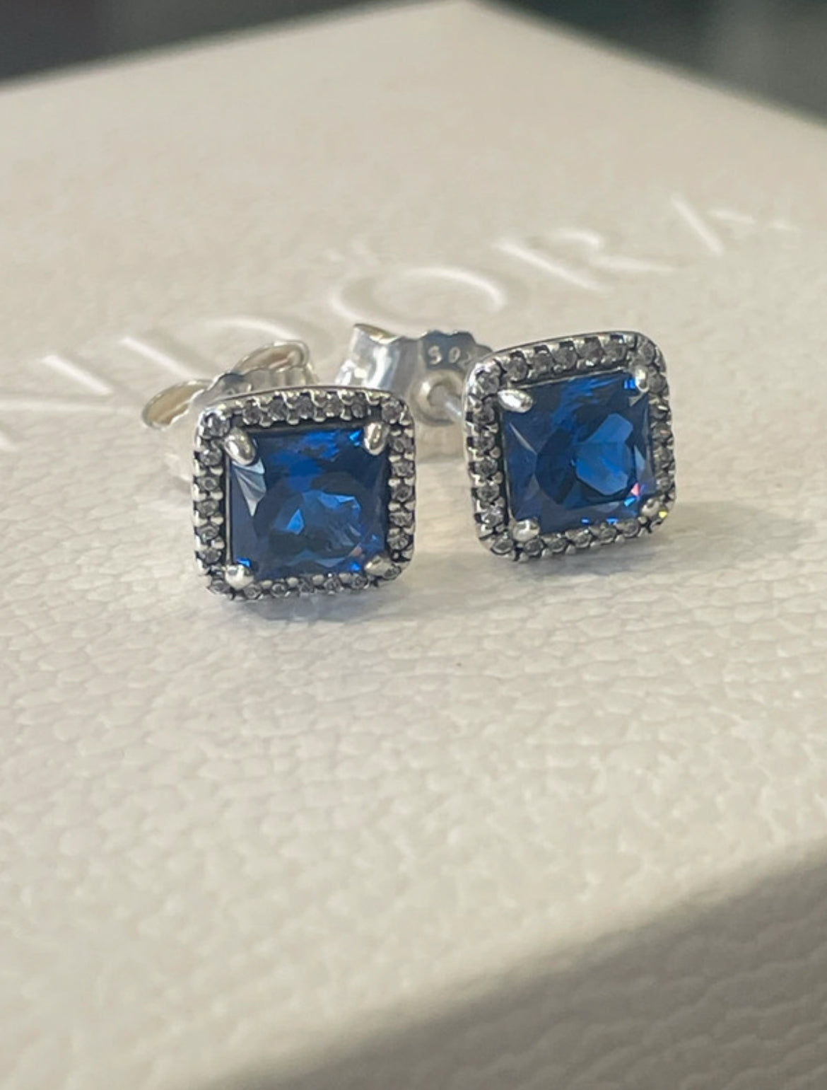 Pandora Sparkling Square Blue Halo Stud Earrings