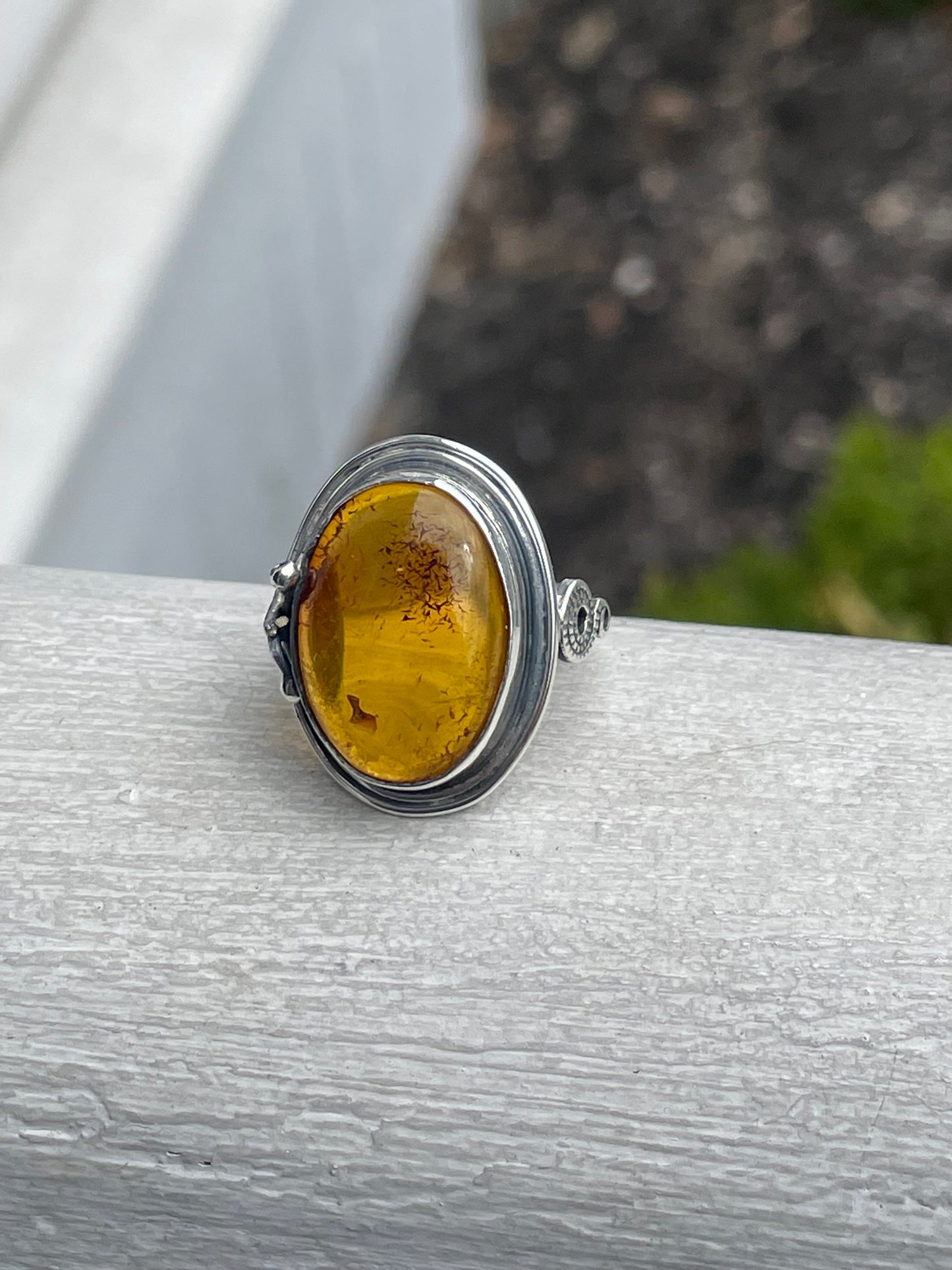 925 Sterling Silver Vintage Natural Amber Large Stone Ring Size 7 (U14)
