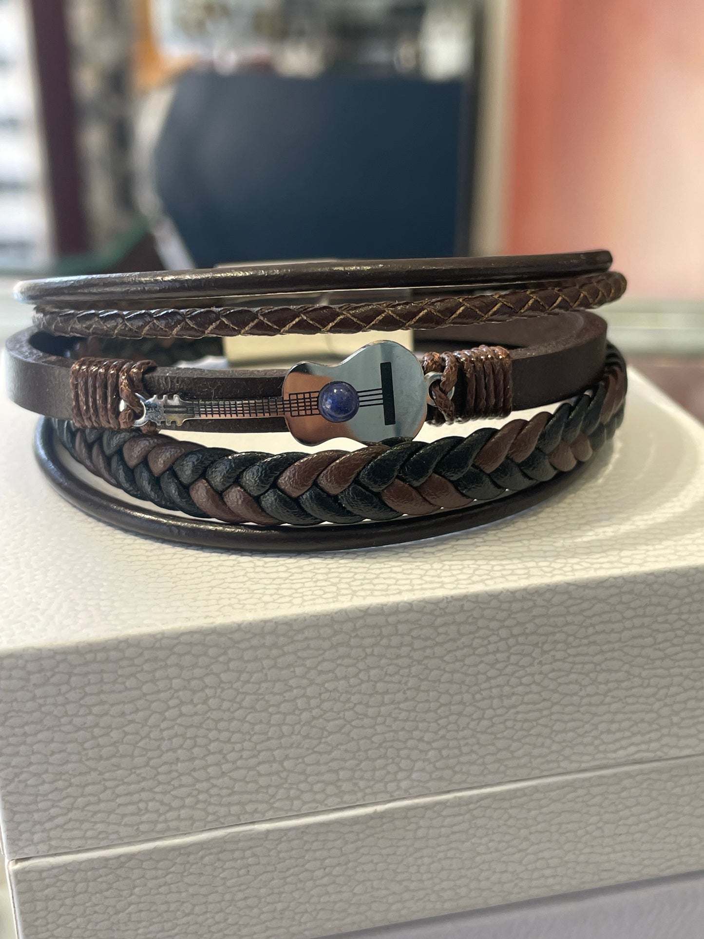 Stainless Steel & Brown Leather Multi strand guitar bracelet 7.5”
