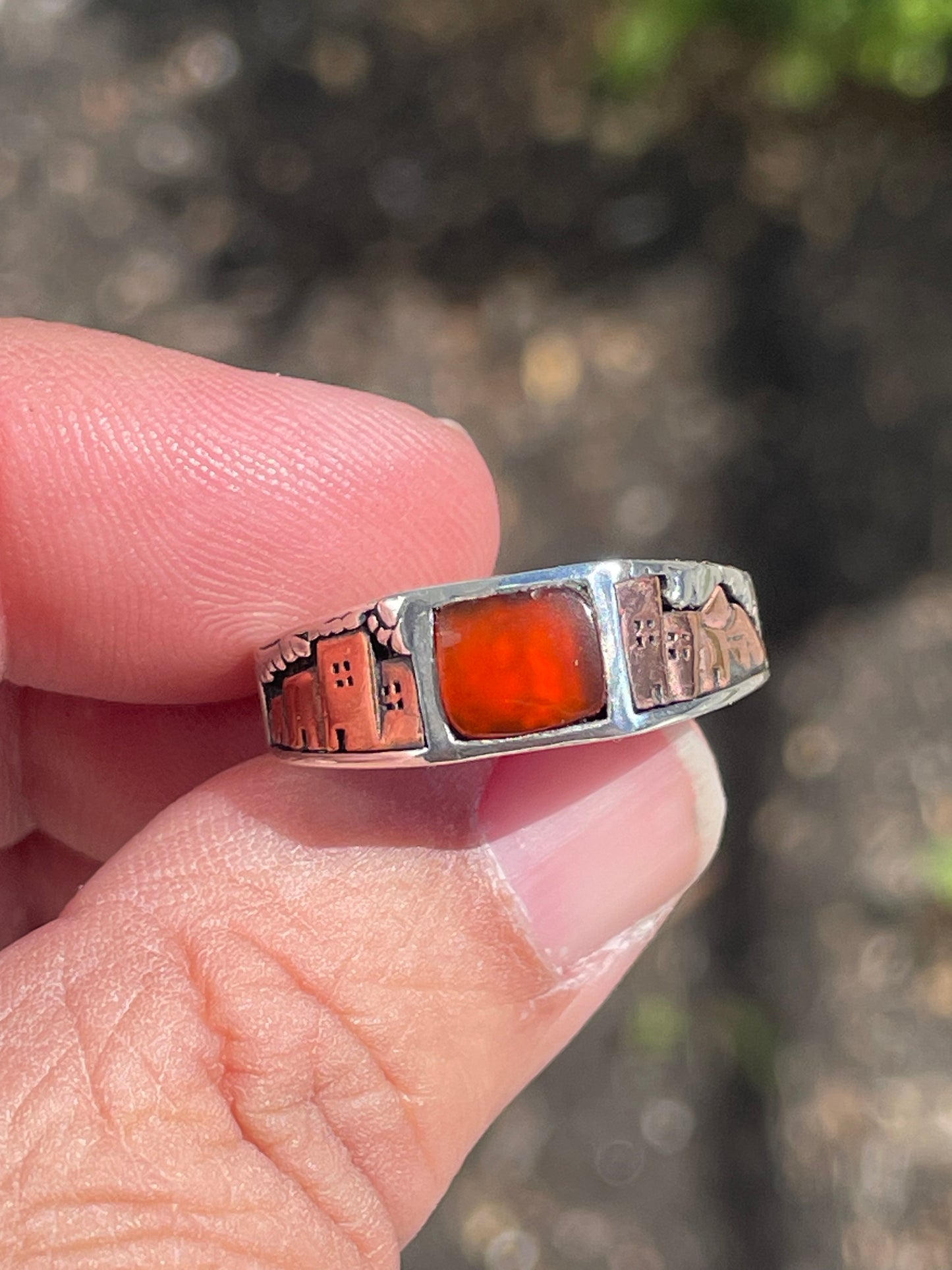 Designer WJ Waldeck Johnson 925 Sterling Silver & Copper Peru Village Carnelian Stone Ring Size 9