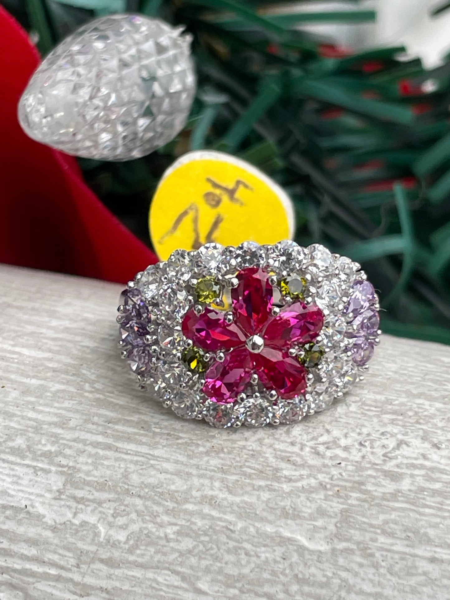 Silver Multi-Colored Cz Flower Bouquet Ring