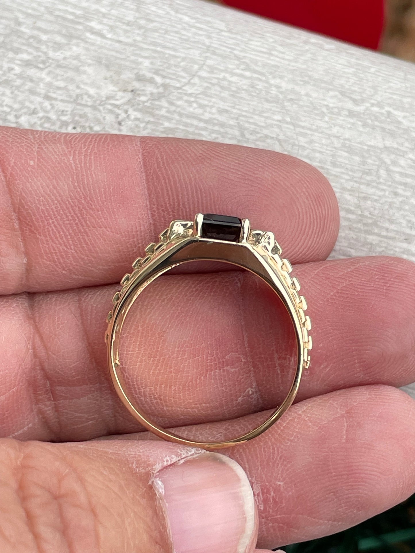 10k Gold Rolex Design Emerald Cut Garnet & Diamond Ring