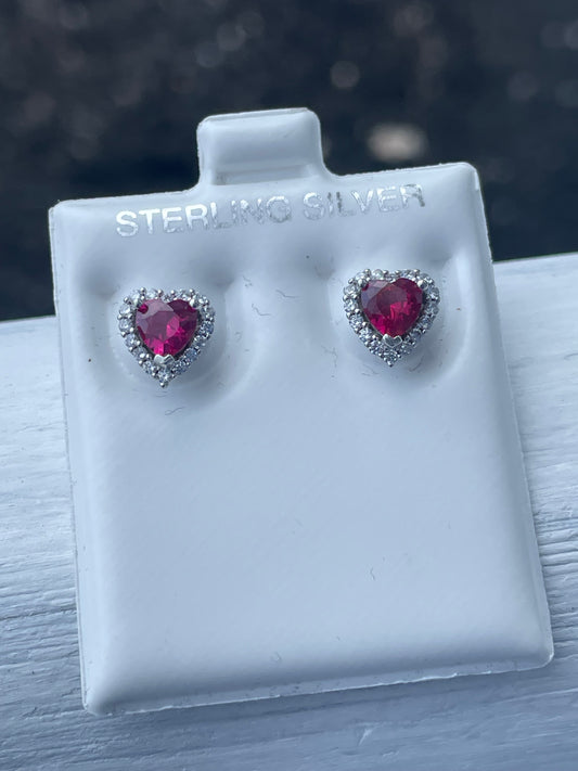 925 Sterling Silver Synthetic Ruby Elevated Heart Stud Earrings