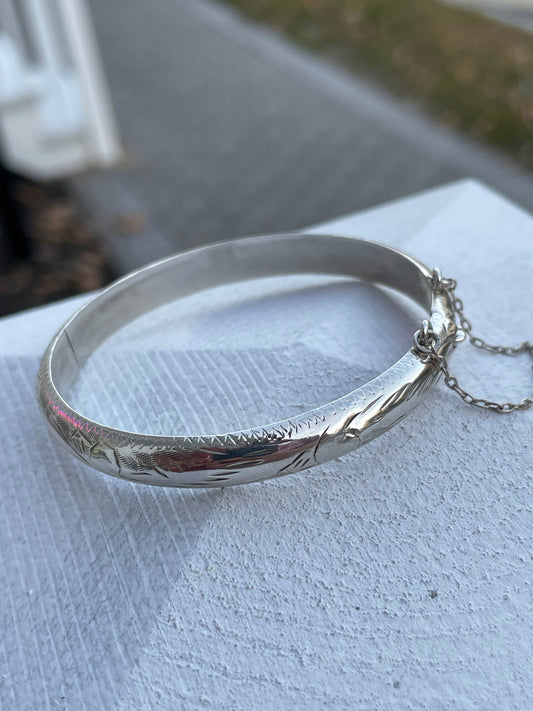 925 Sterling Silver 6.25” Etched Bangle Bracelet