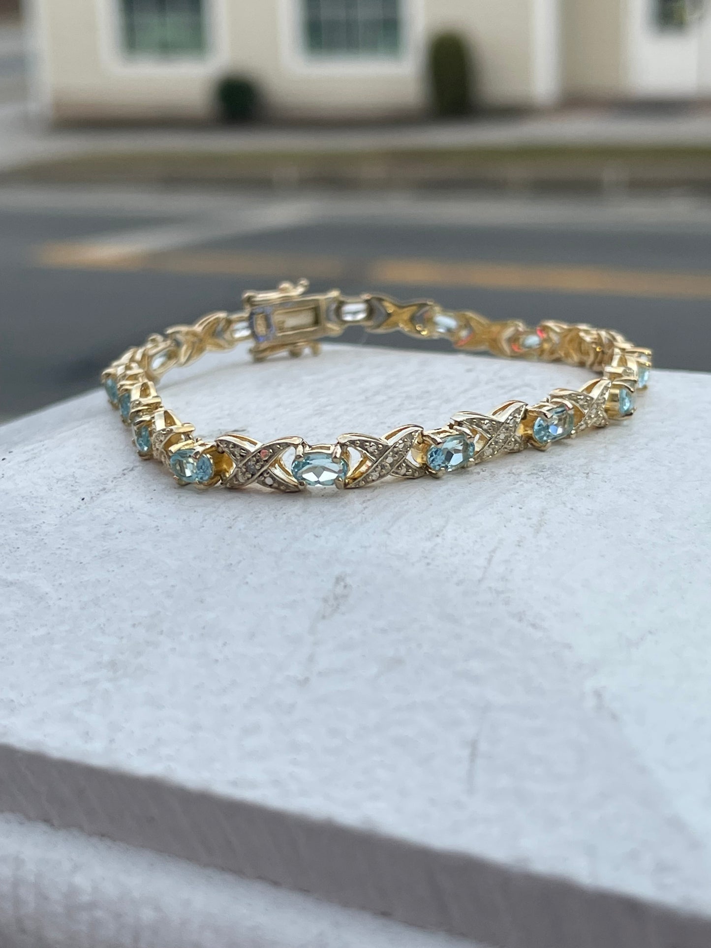 925 Sterling Silver Vermeil Aquamarine Tennis Bracelet Size 7”