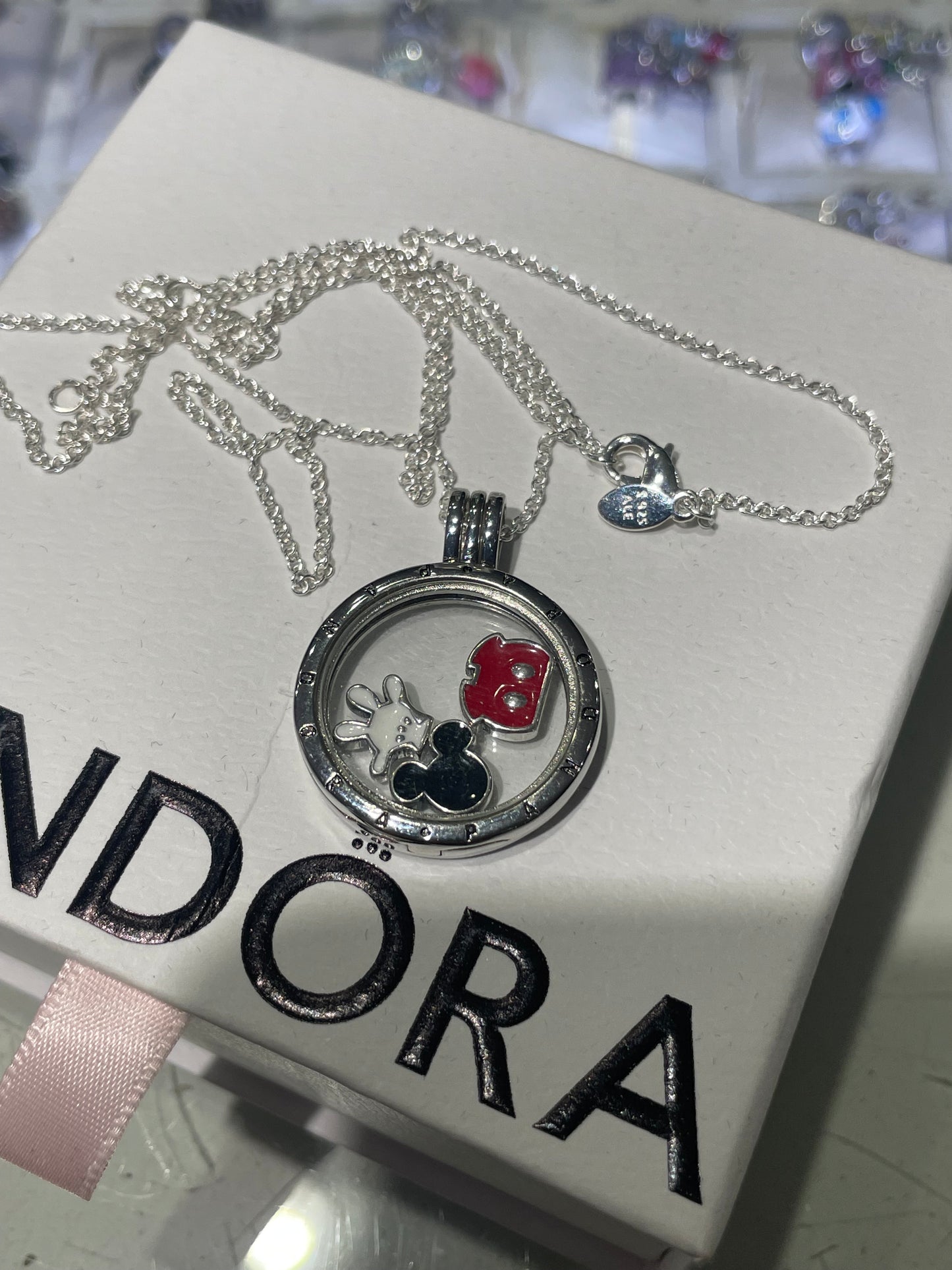 Retired Pandora Medium Locket Necklace with Mickey Mouse Disney Petite Charms