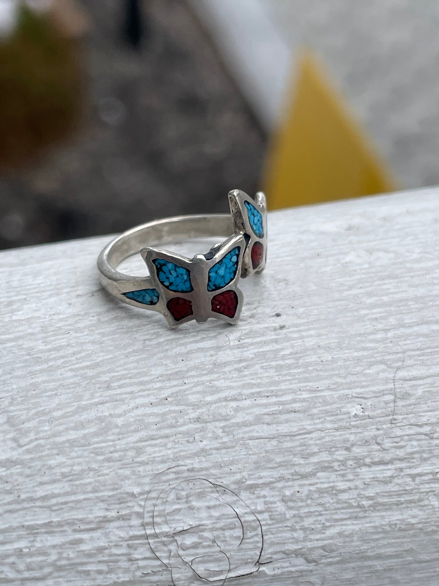 925 Sterling Silver Bypass Butterfly Turquoise & Coral Mid-Finger Ring Size 4
